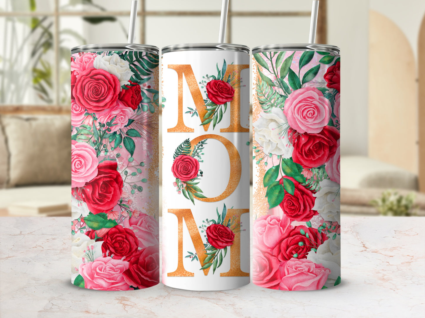 Floral tumbler with "MOM" text, featuring pink and red roses.