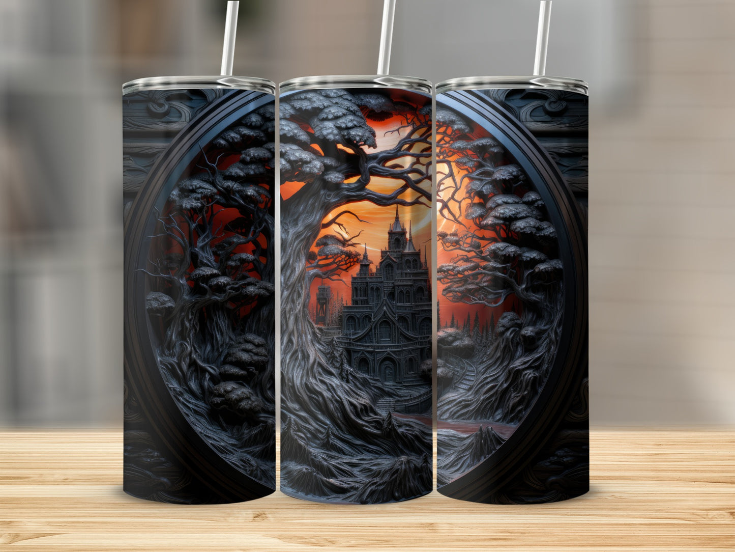 Three tumblers featuring a gothic castle scene with a dark, twisted forest and fiery sky.