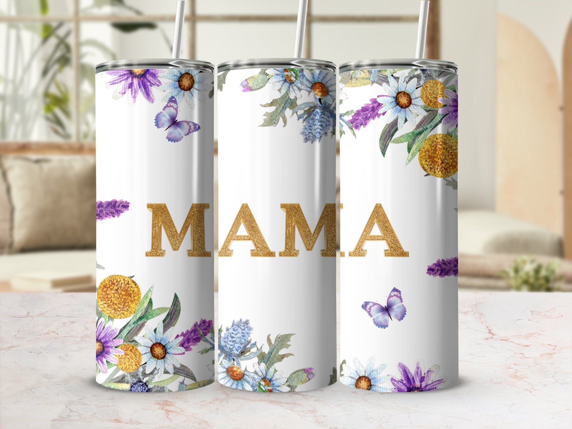 Floral Mama Tumbler with Butterflies and Flowers Design