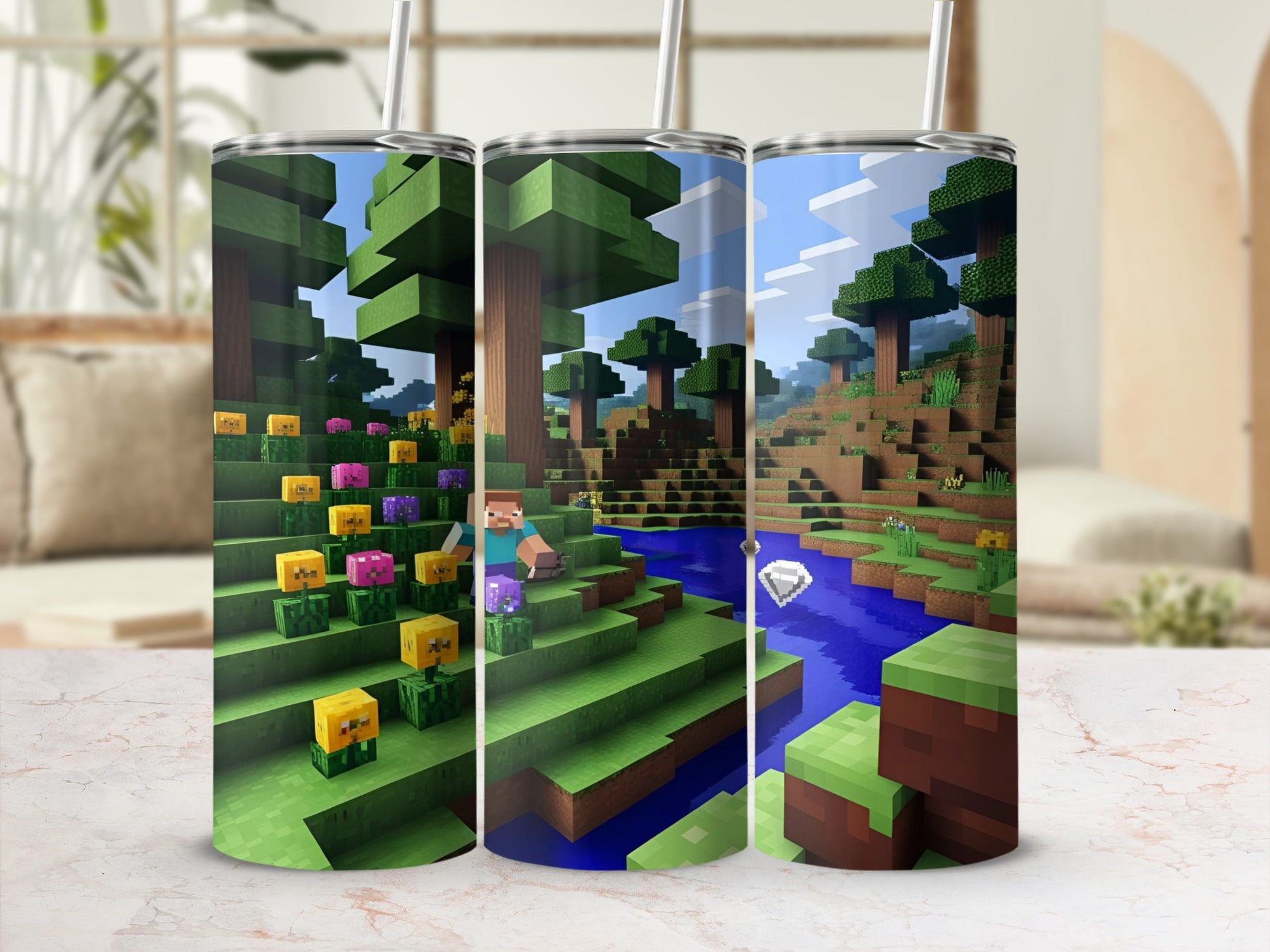 Minecraft-style tumbler with vibrant green trees and a blue river.