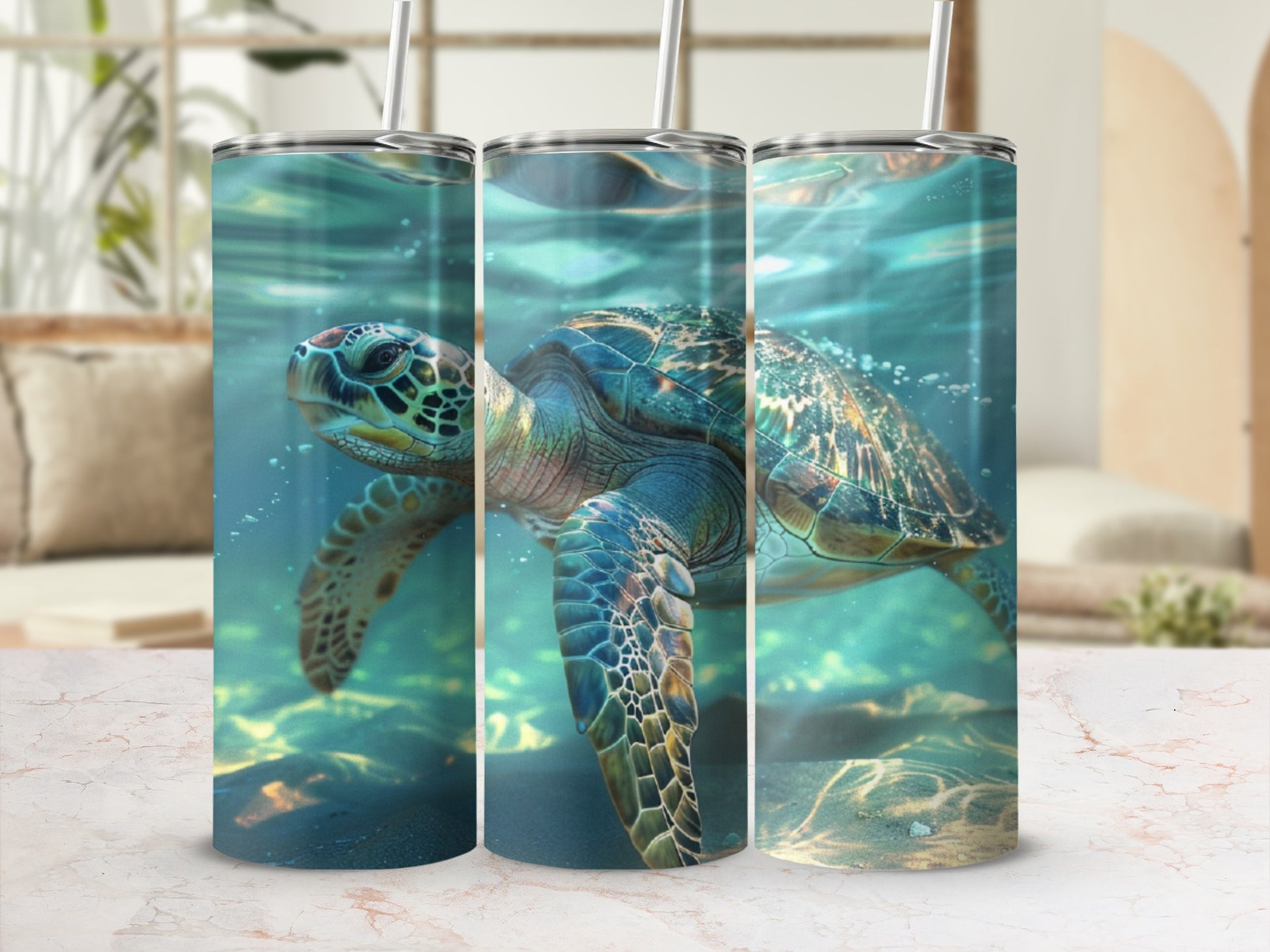 Sea turtle swimming underwater, depicted on a cylindrical tumbler.