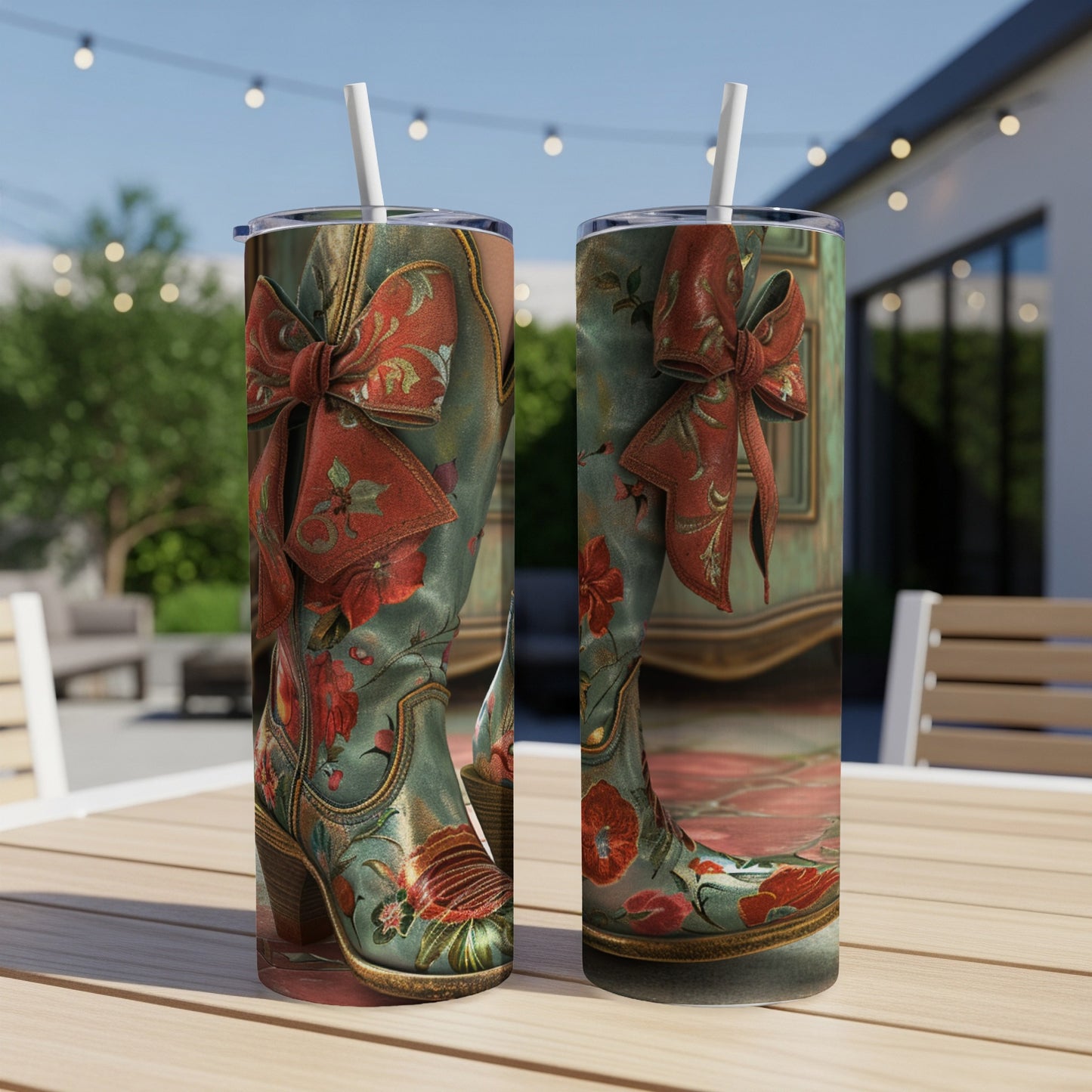 Turquoise cowboy boots with red floral and bow design on a table.