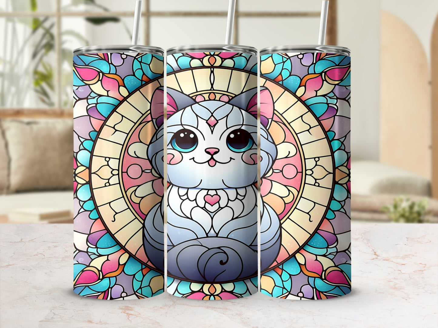 Stained glass style cat with colorful geometric patterns on a tumbler.