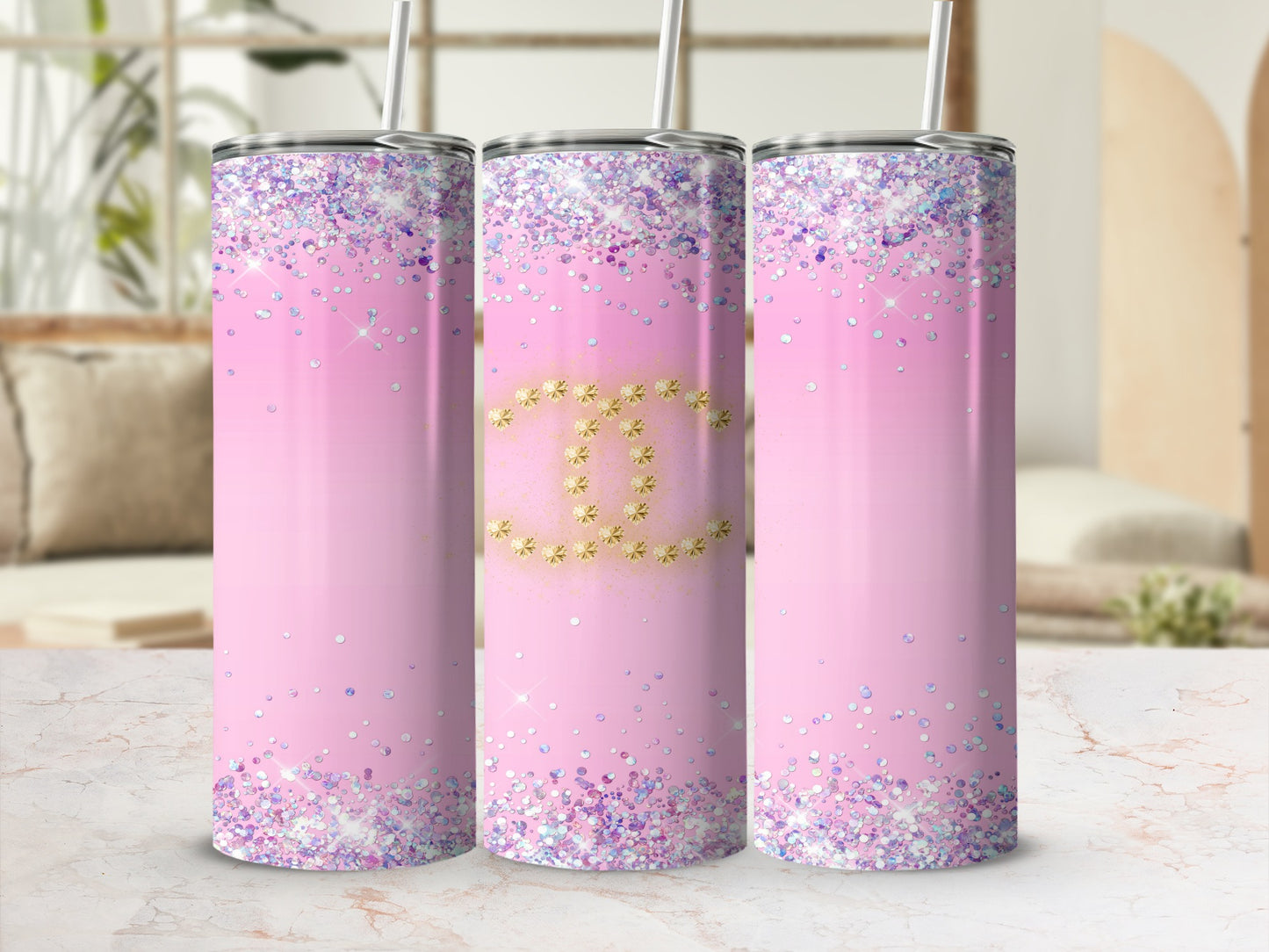 Glitter Pink and Gold Tumblers with Straw Tumbler