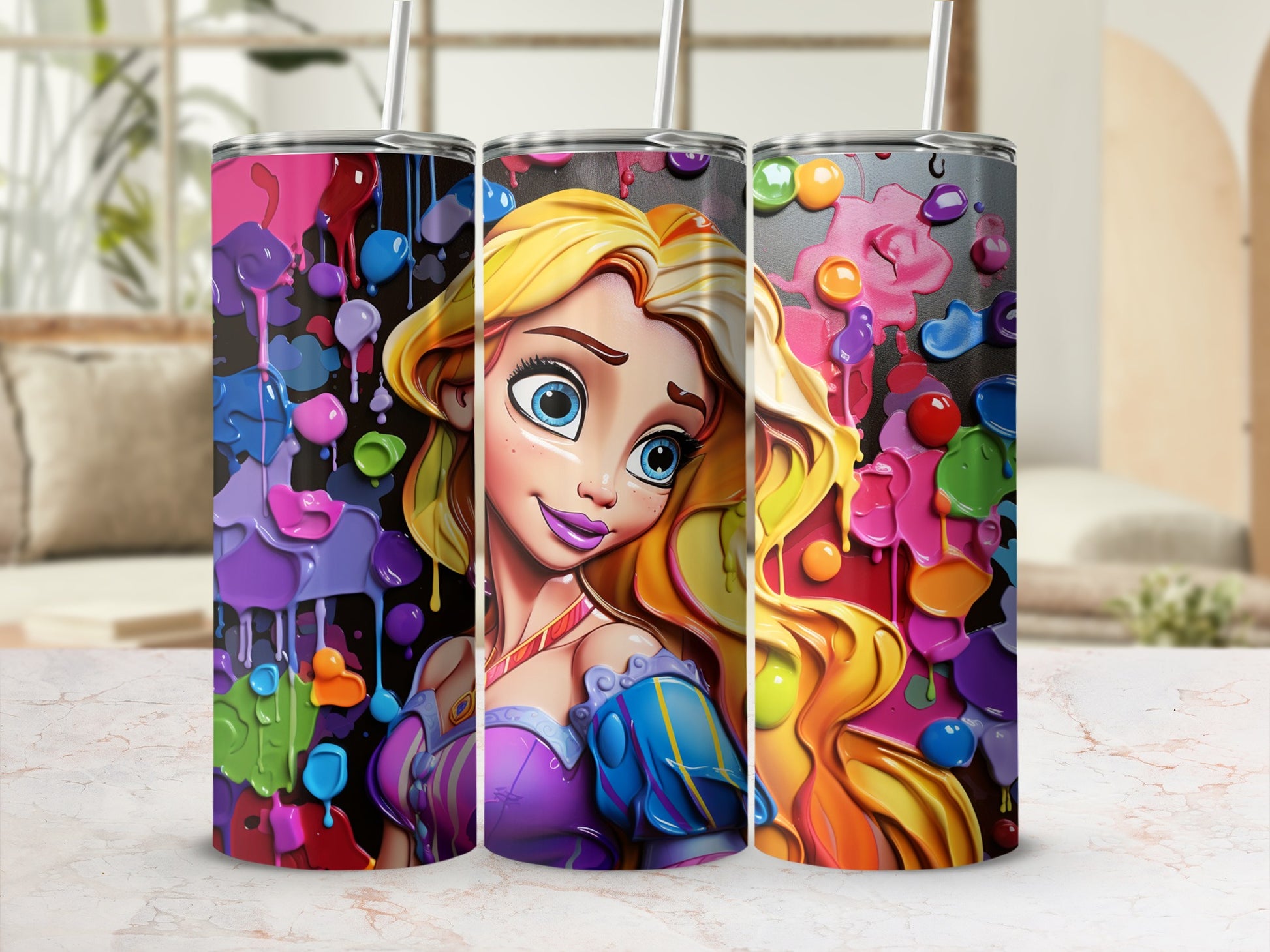 Vibrant Princess Design with Colorful Paint Tumbler
