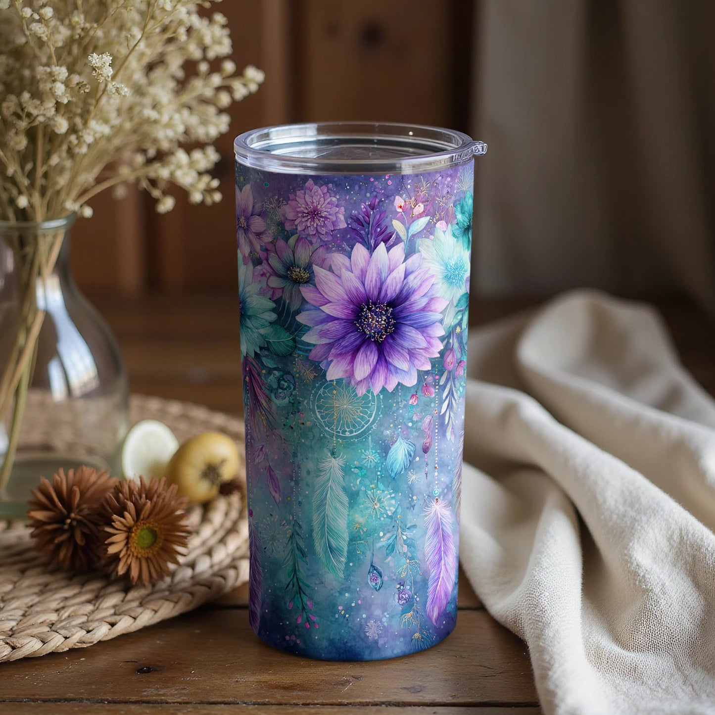 Purple Floral Dream Catcher Design Tumbler Product