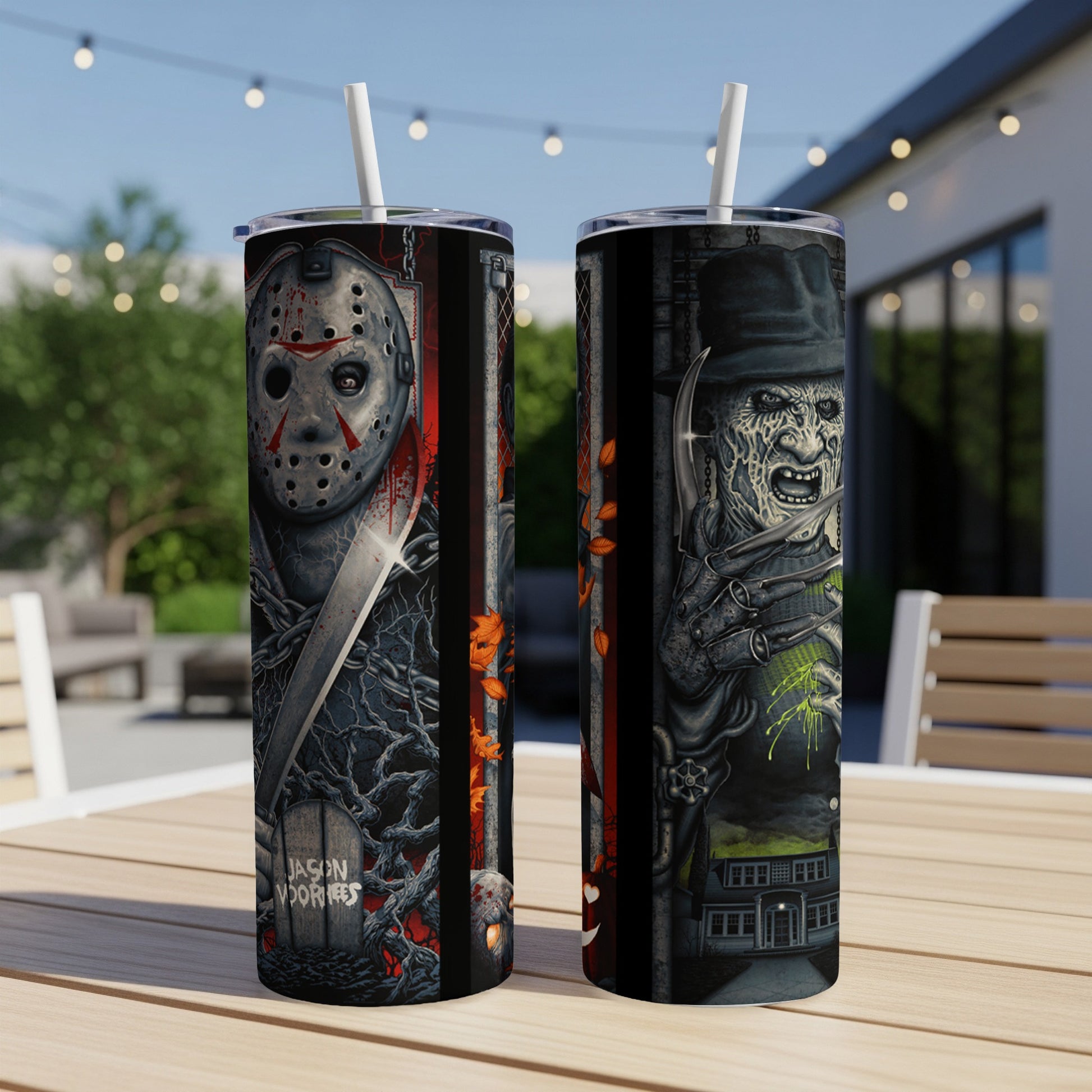 Horror-themed tumbler with Jason Voorhees and Freddy Krueger designs.