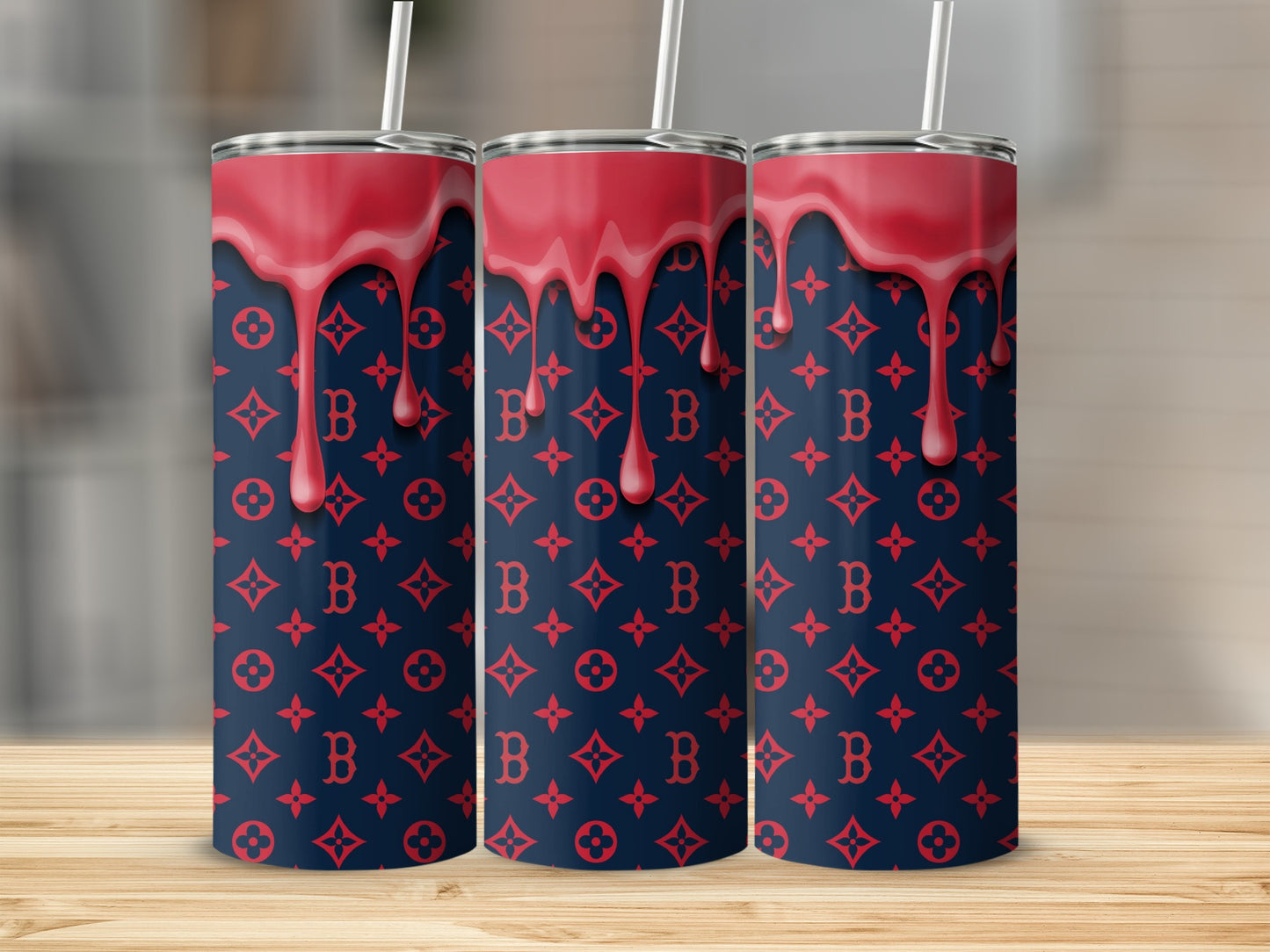 Red Drip Design Over Boston Baseball Pattern Tumblers