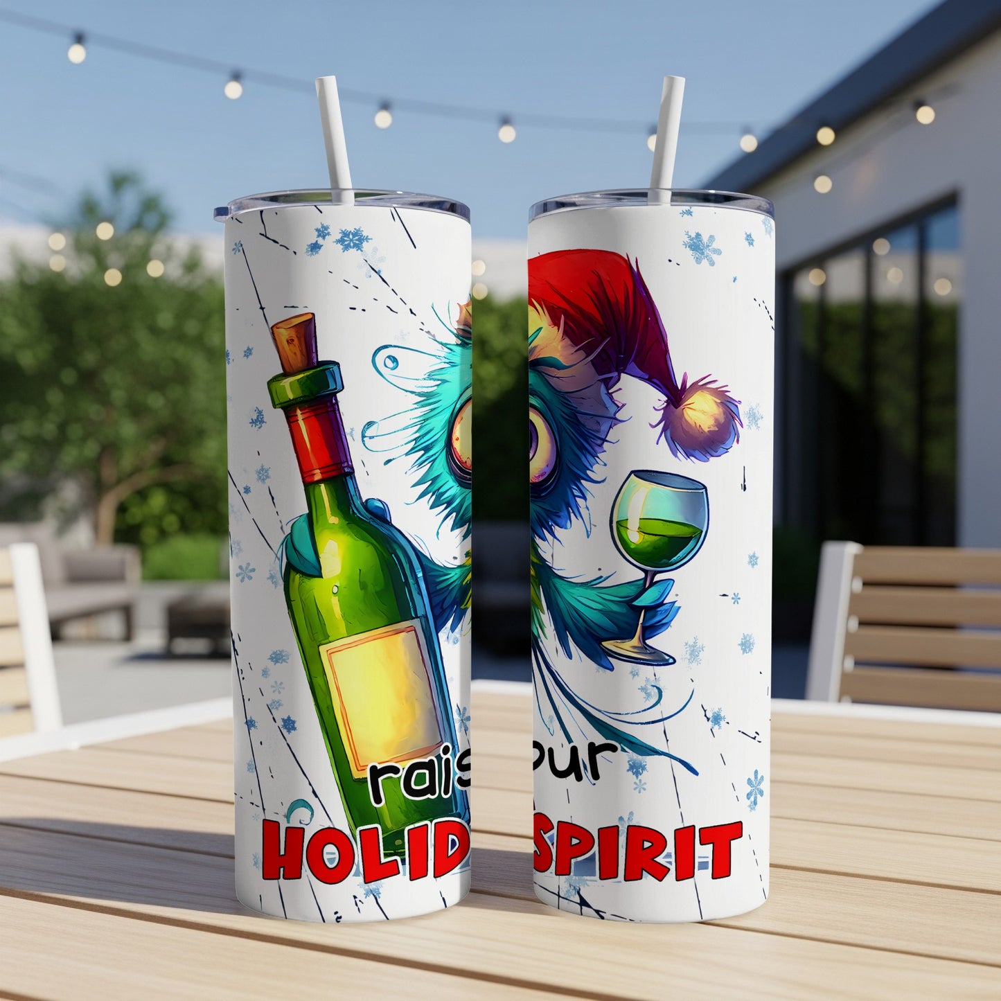 Two tumblers with a holiday owl design and "Holiday Spirit" text.