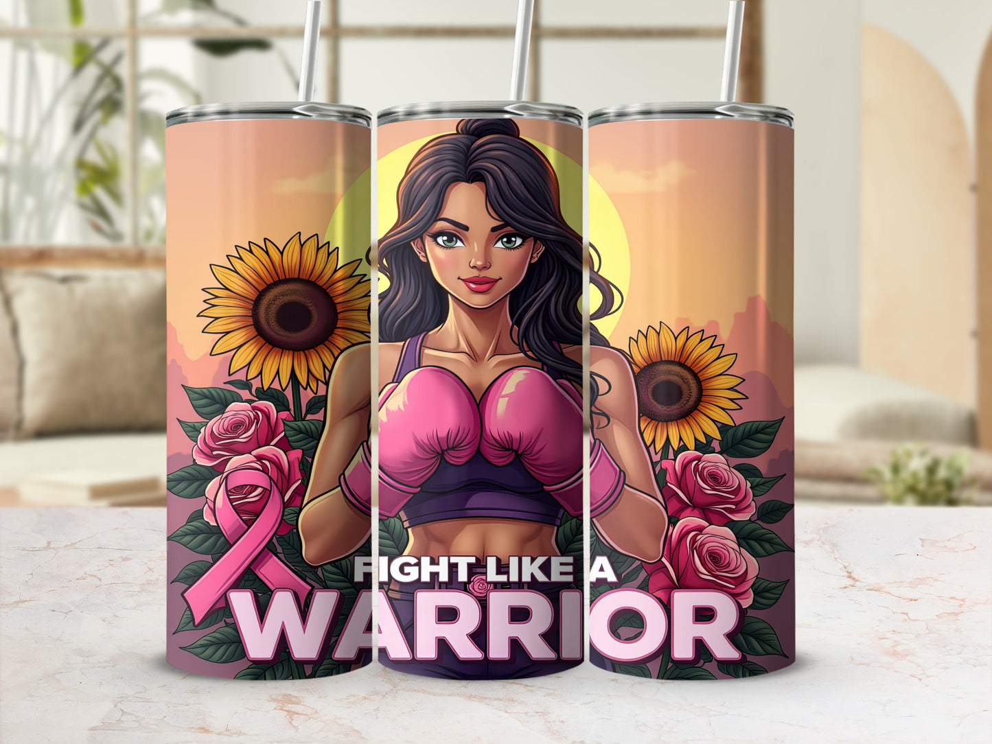 Woman in boxing gloves with sunflowers and roses, "FIGHT LIKE A WARRIOR" text.