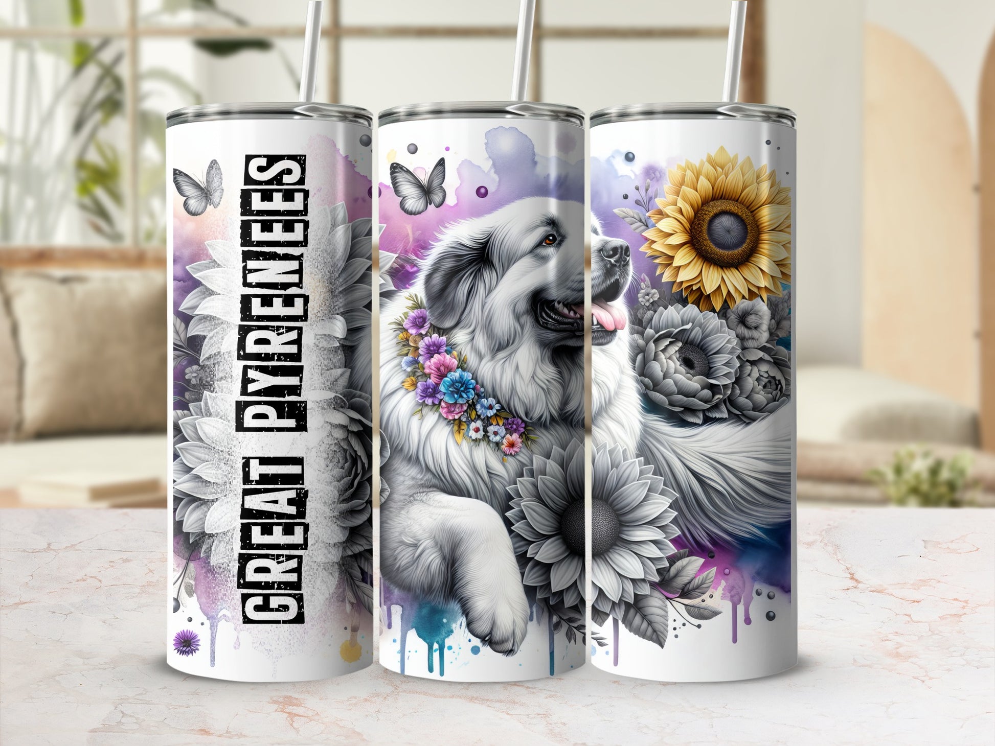 Three Great Pyrenees tumblers featuring floral designs and butterflies.