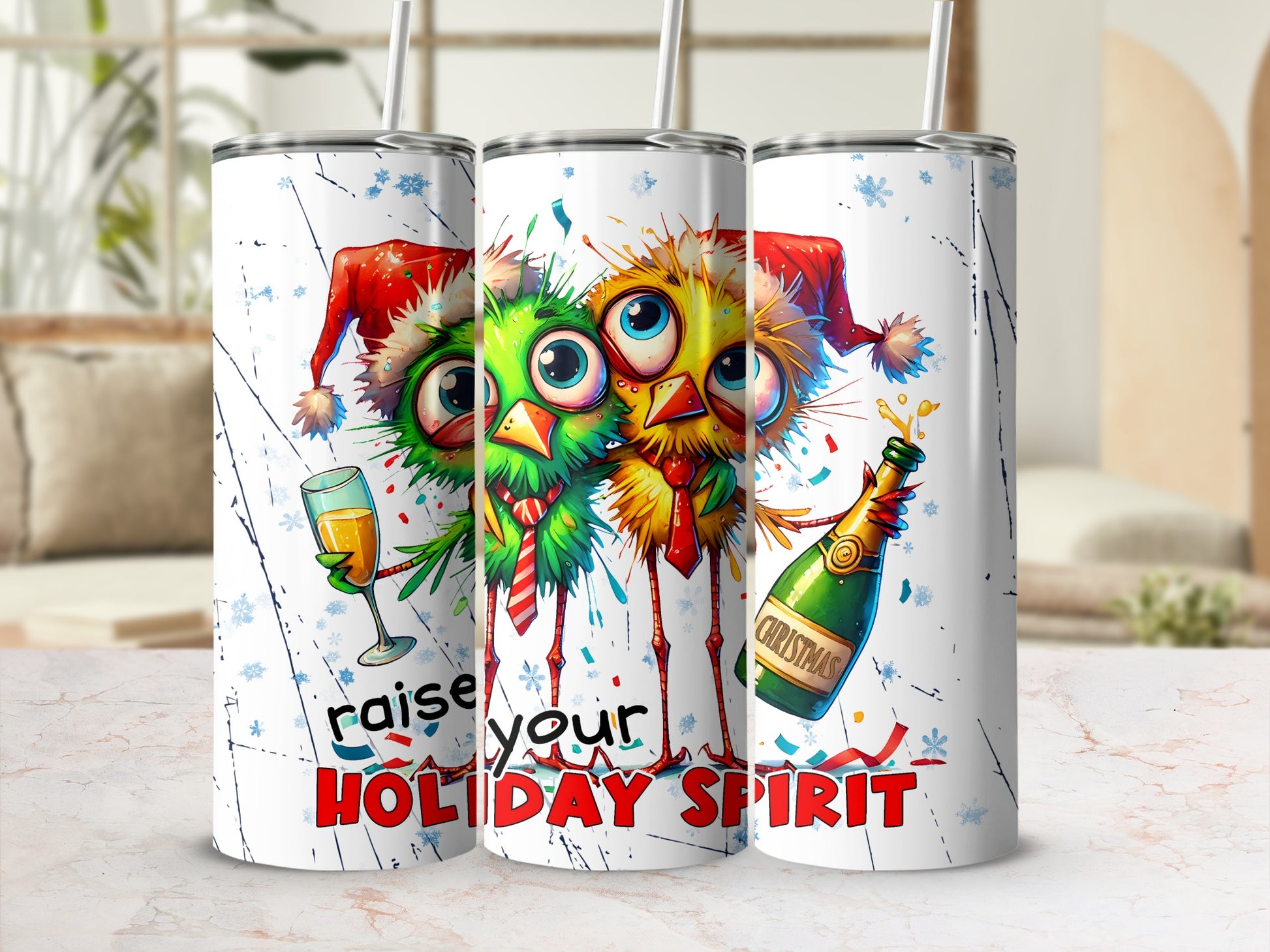 Three cartoon birds in Santa hats holding champagne, celebrating Christmas.