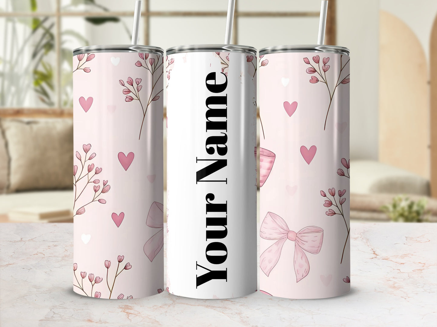 Personalized Floral and Hearts Tumbler with Straw