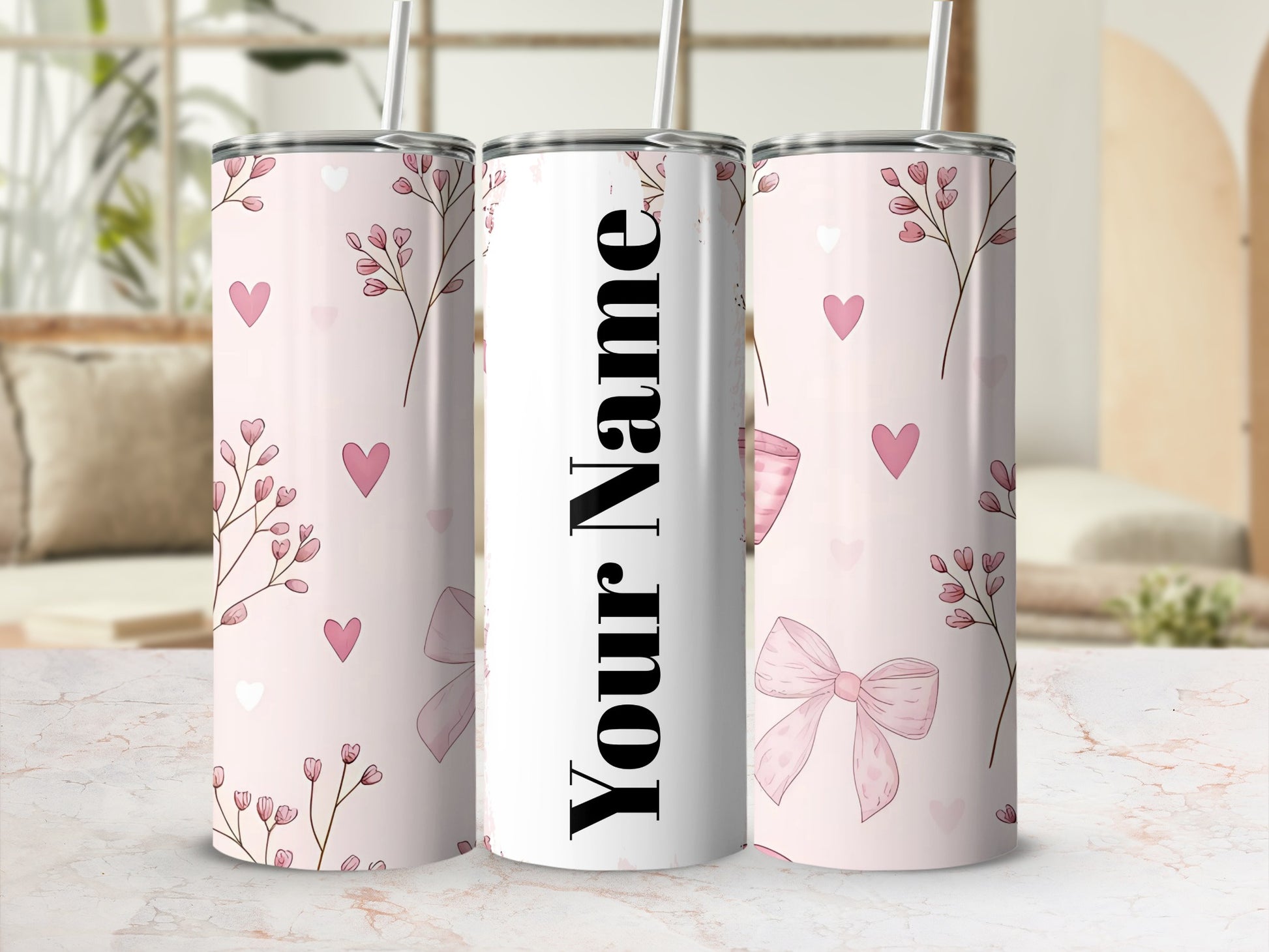 Personalized Floral and Hearts Tumbler with Straw