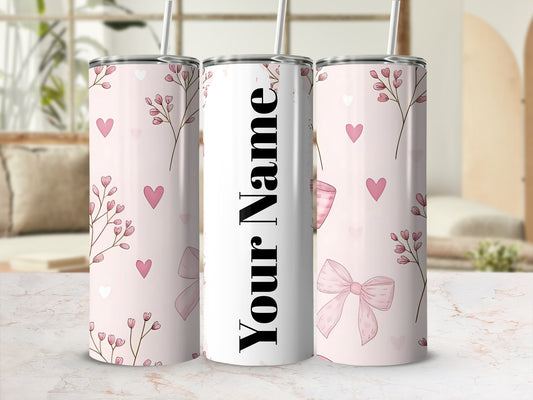 Personalized Floral and Hearts Tumbler with Straw