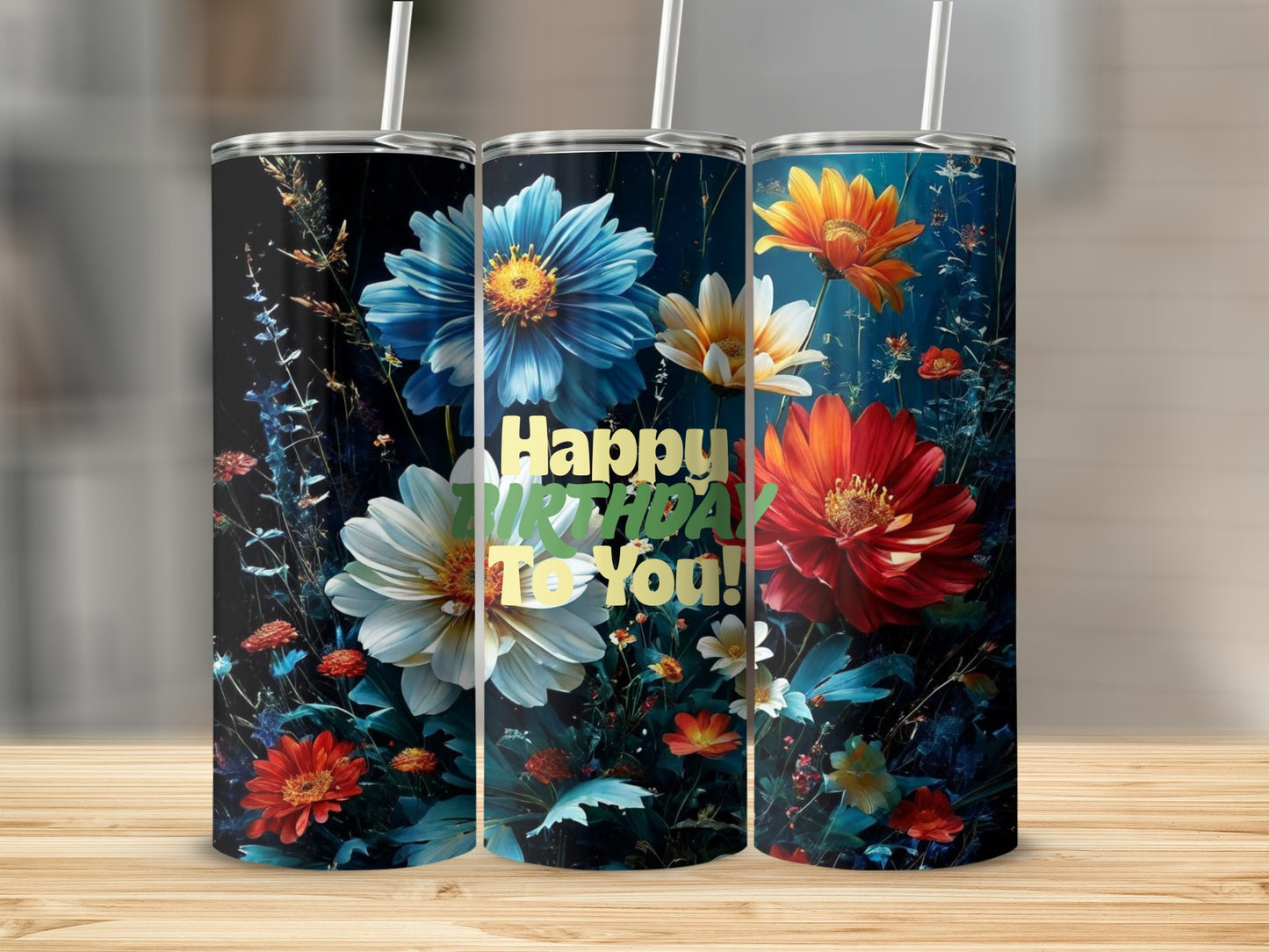 Tumblers with floral designs and "Happy Birthday To You!" text.