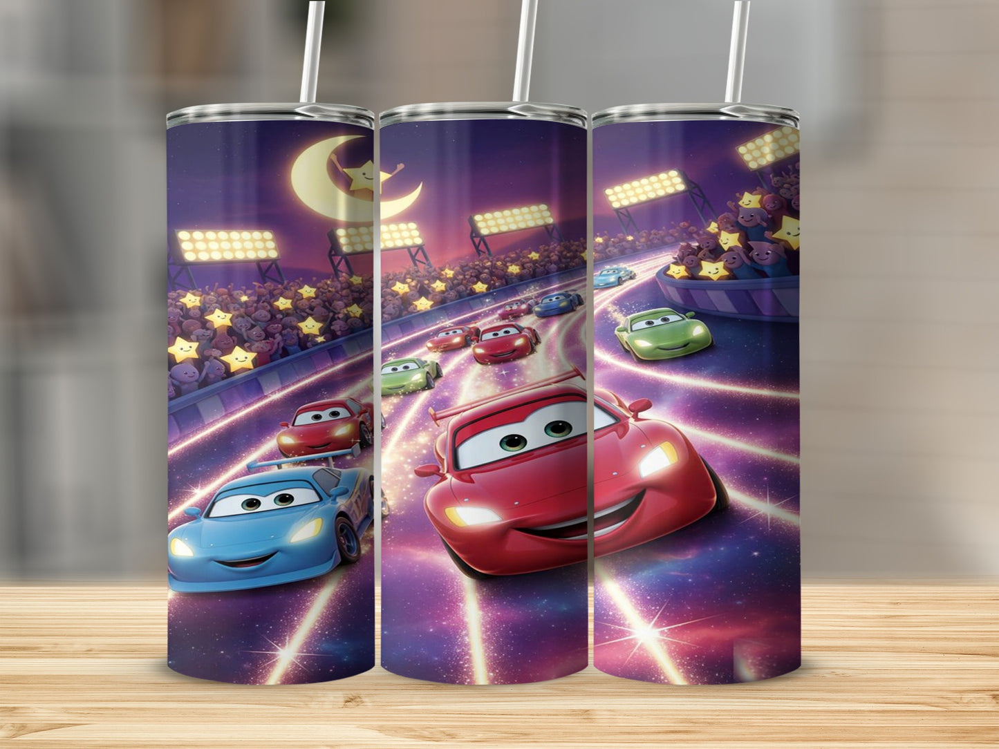 Race cars Lightning McQueen and Mater in a starry night race.