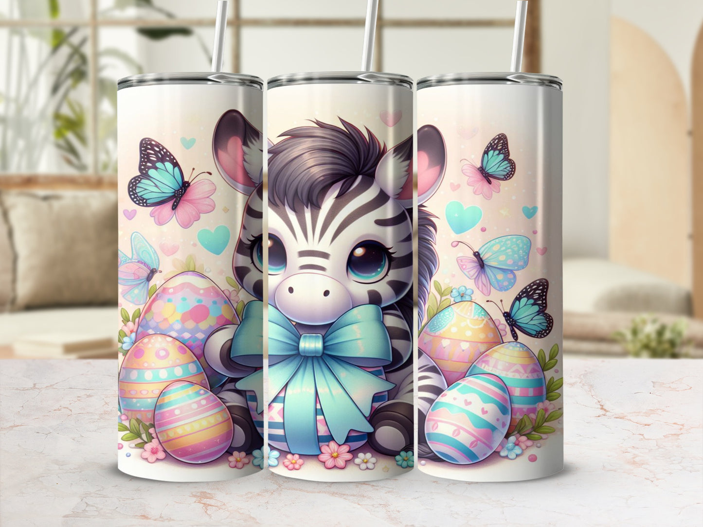 Cute zebra with Easter eggs and butterflies.