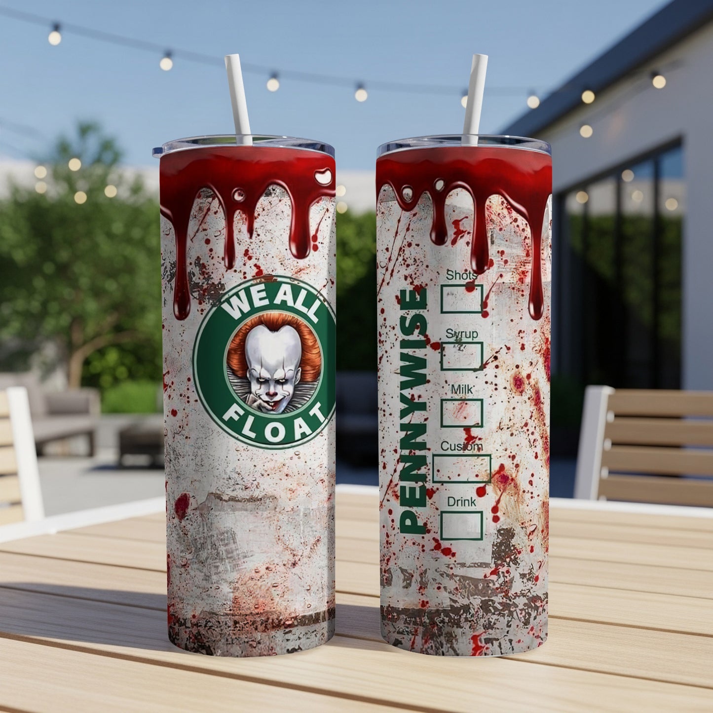 Pennywise "We All Float" Starbucks-style tumbler with bloody details.