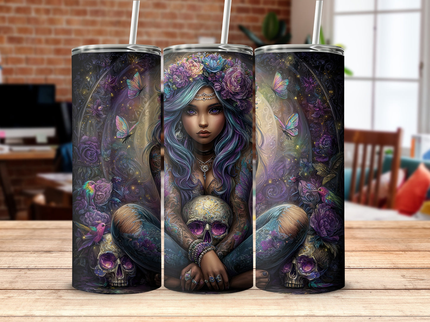 Enchanting Mystic Skulls and Flowers Tumbler Design