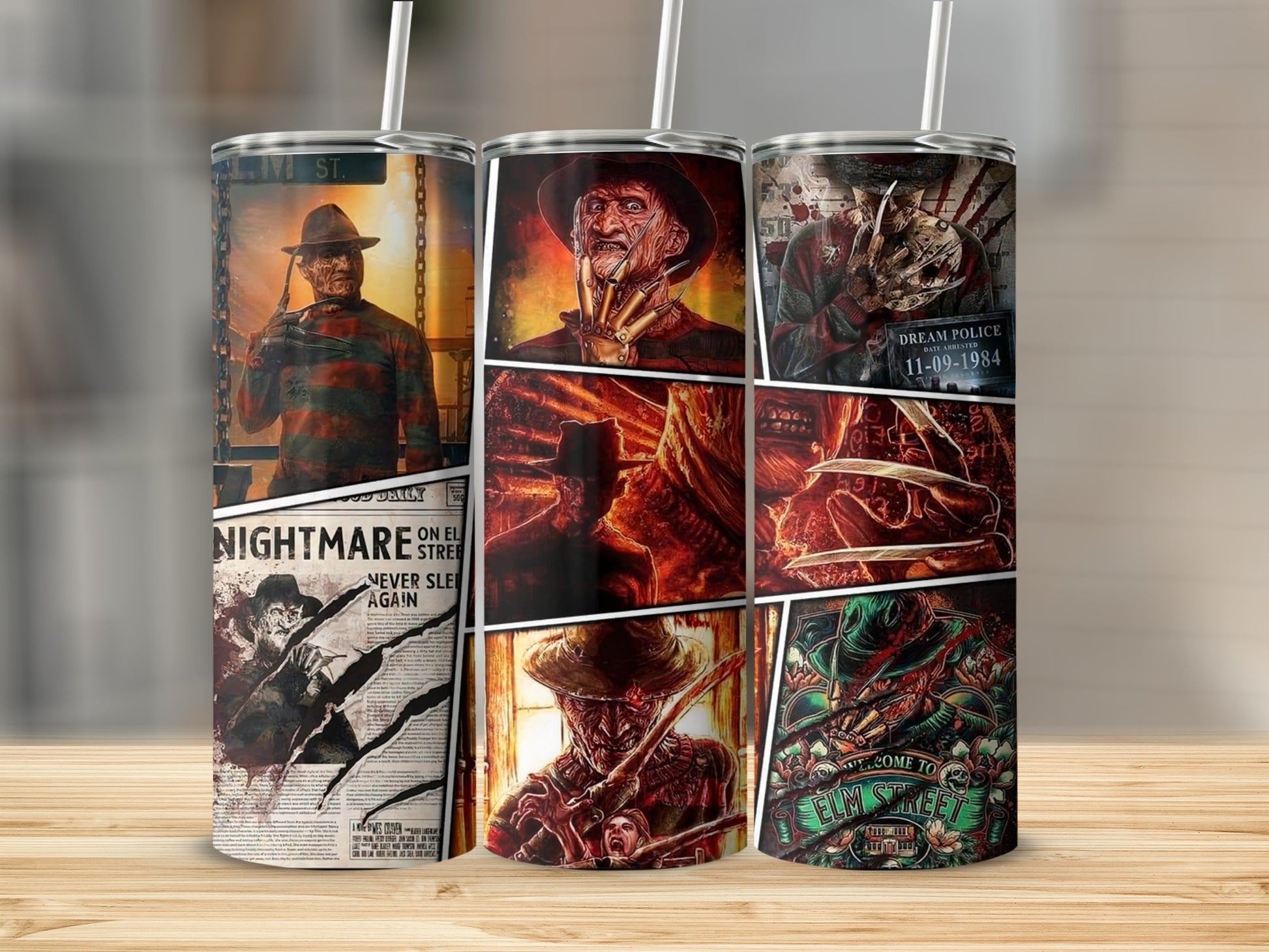 Triptych of Freddy Krueger designs on cylindrical tumblers.