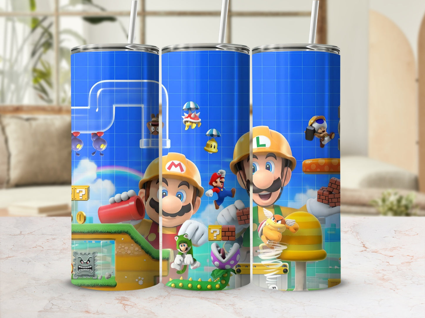 Colorful Cartoon Builders Tumbler with Straw Cup