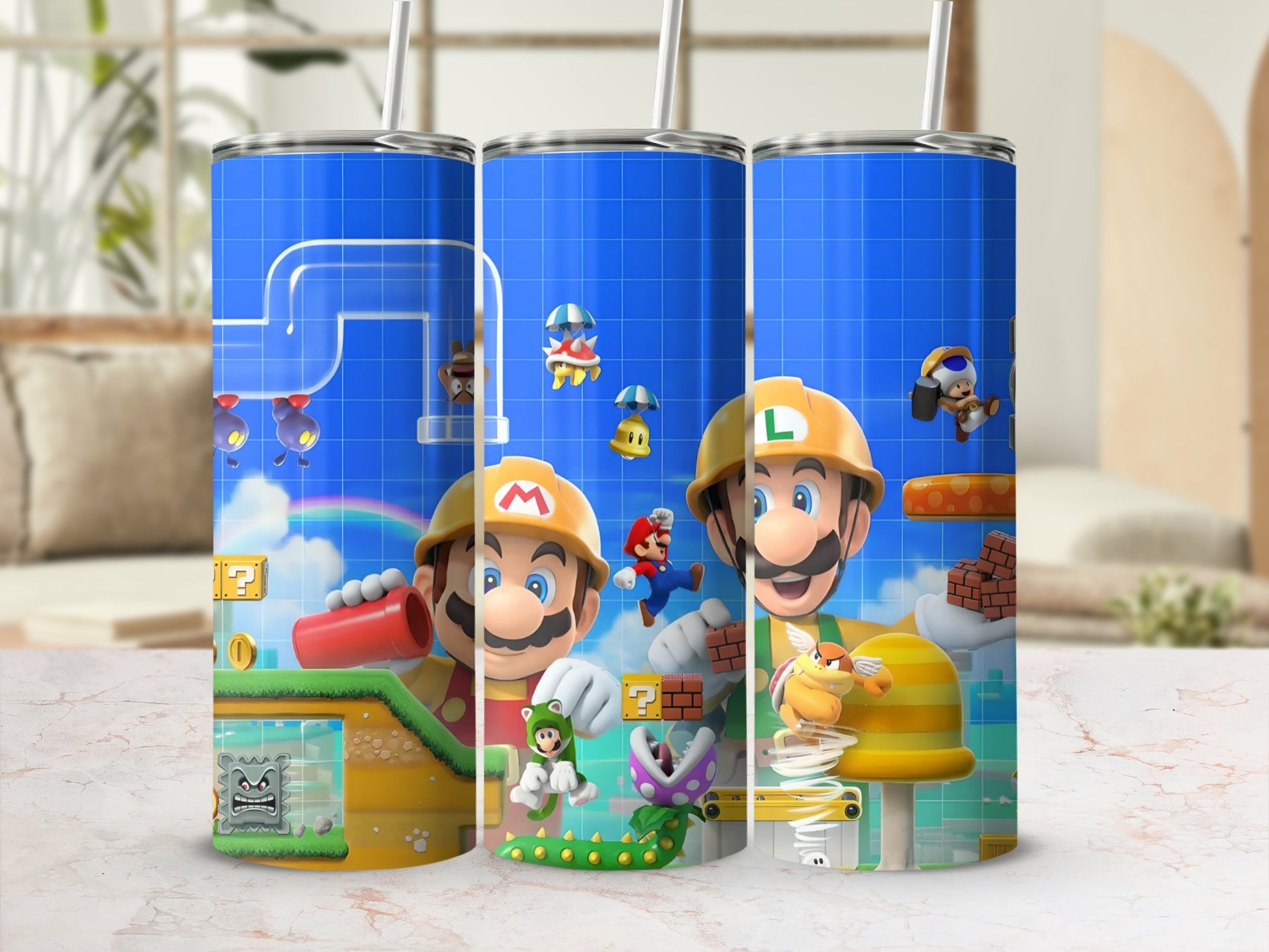 Colorful Cartoon Builders Tumbler with Straw Cup