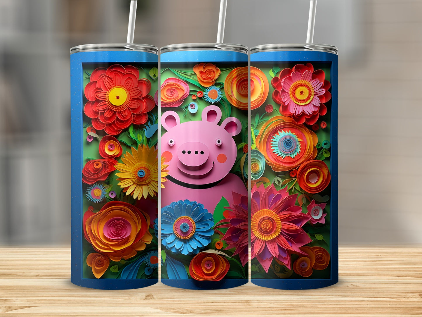Colorful Floral Pig Design Stainless Steel Tumbler