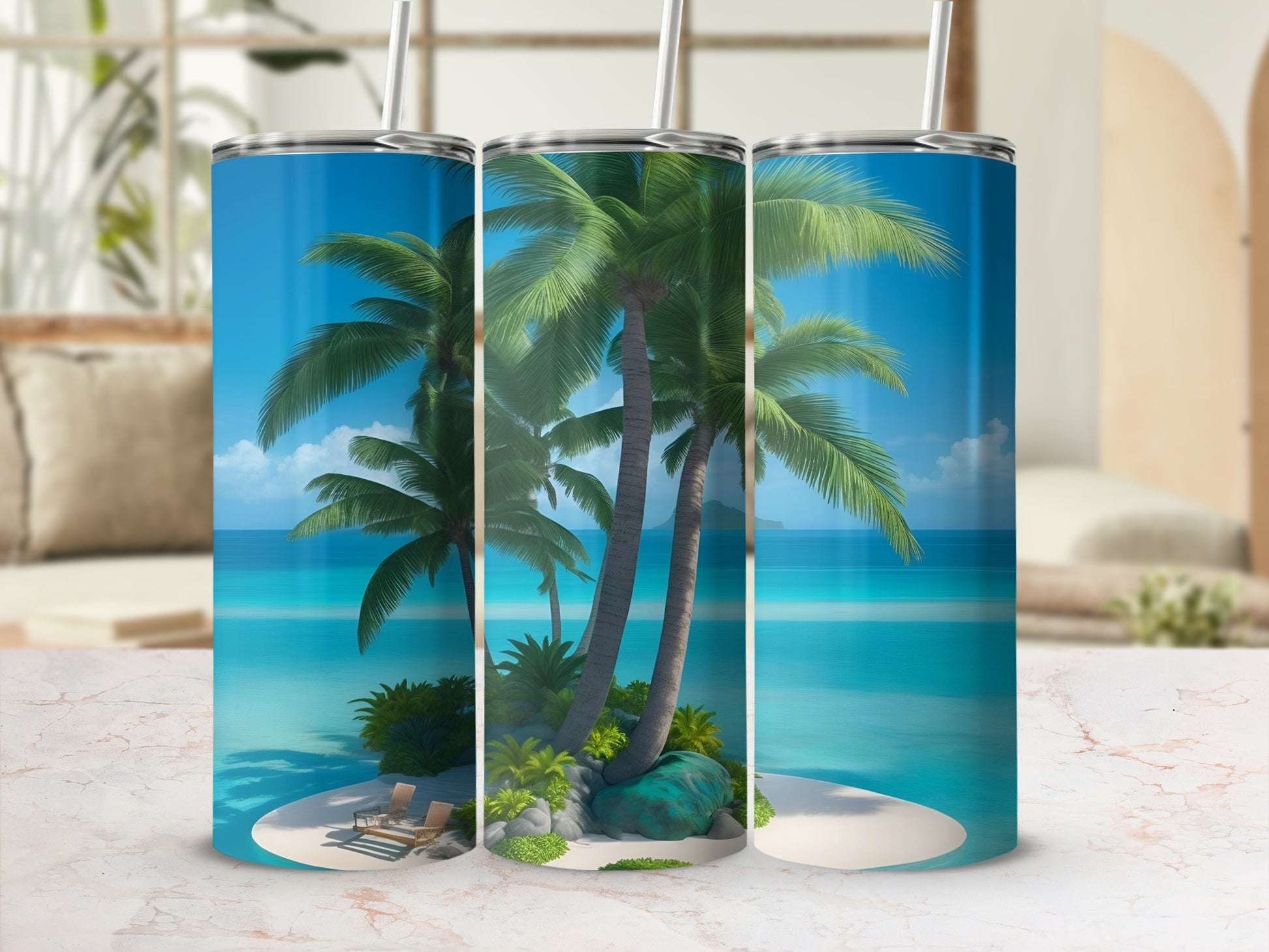 Tumbler with a tropical beach scene and palm trees.