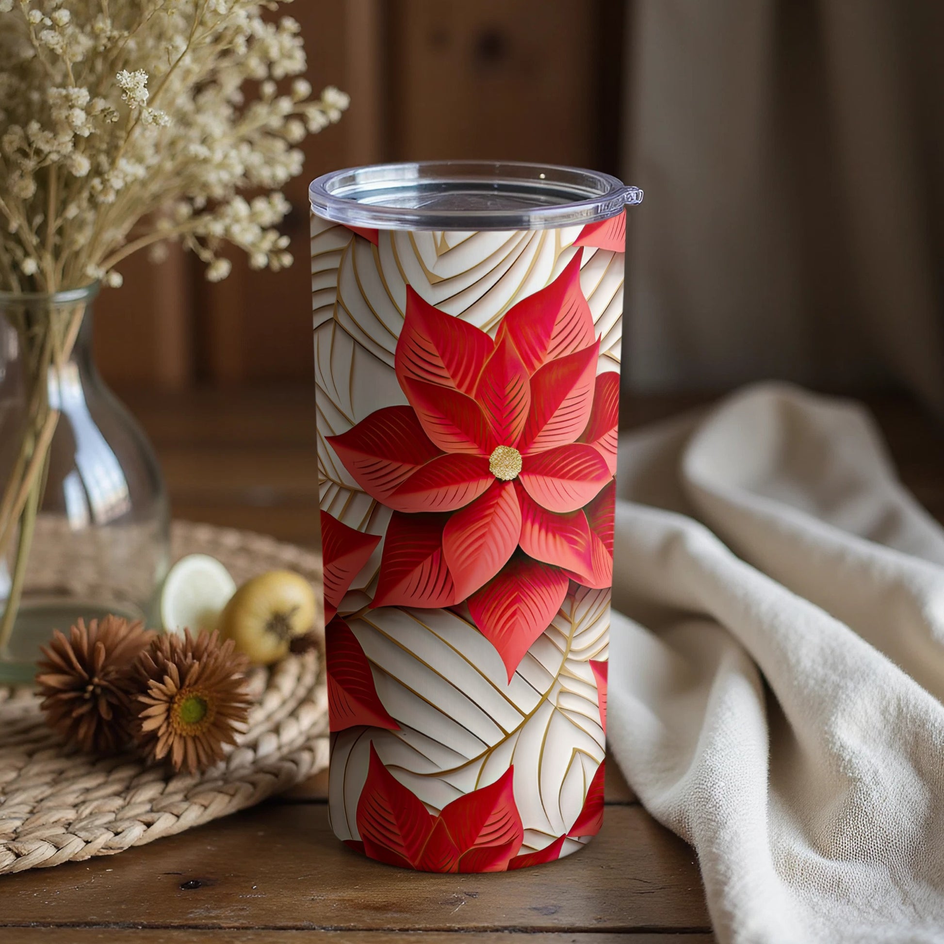 Red Poinsettia Tumbler with Elegant Leaf Design