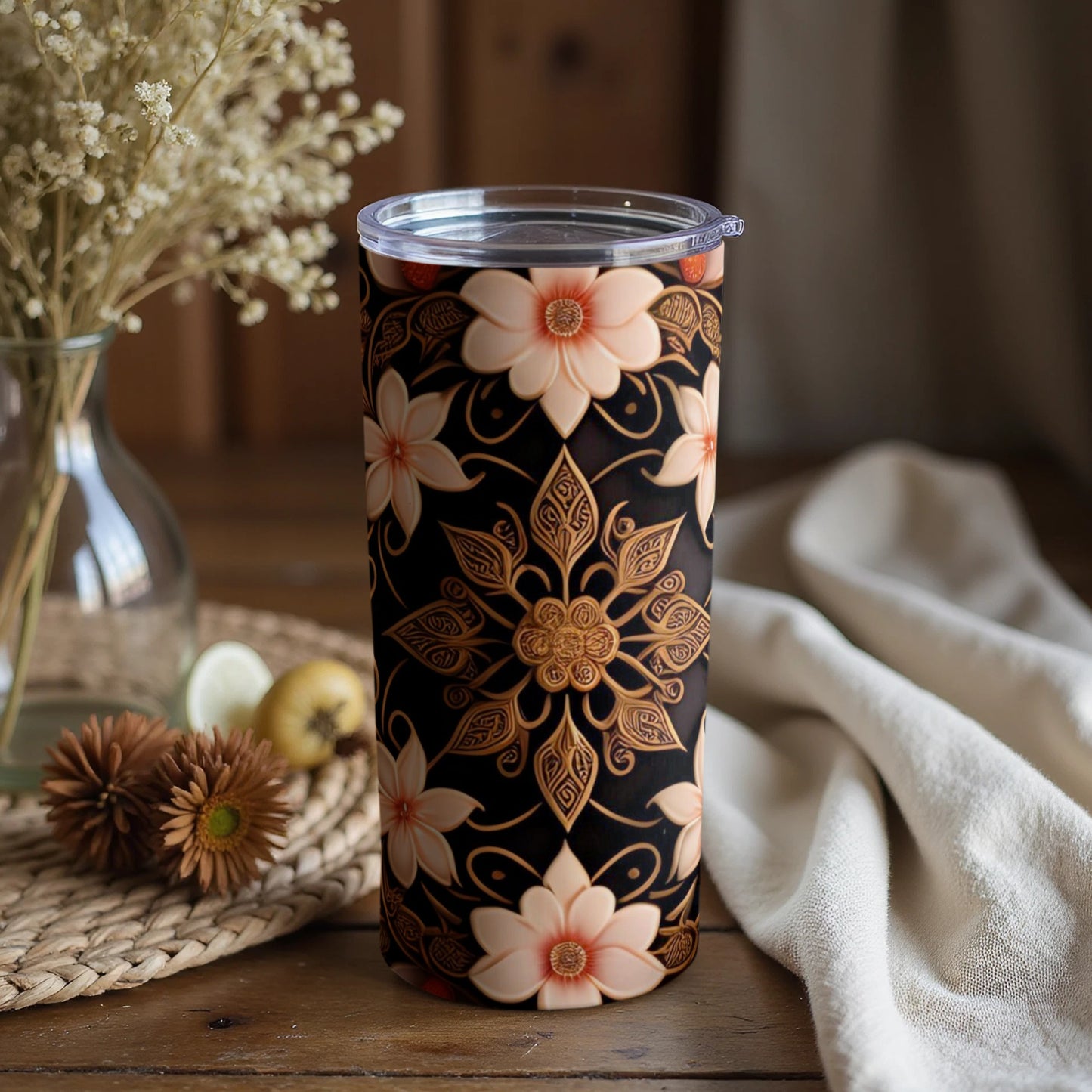 Floral Design Black and Orange Tumbler Cup