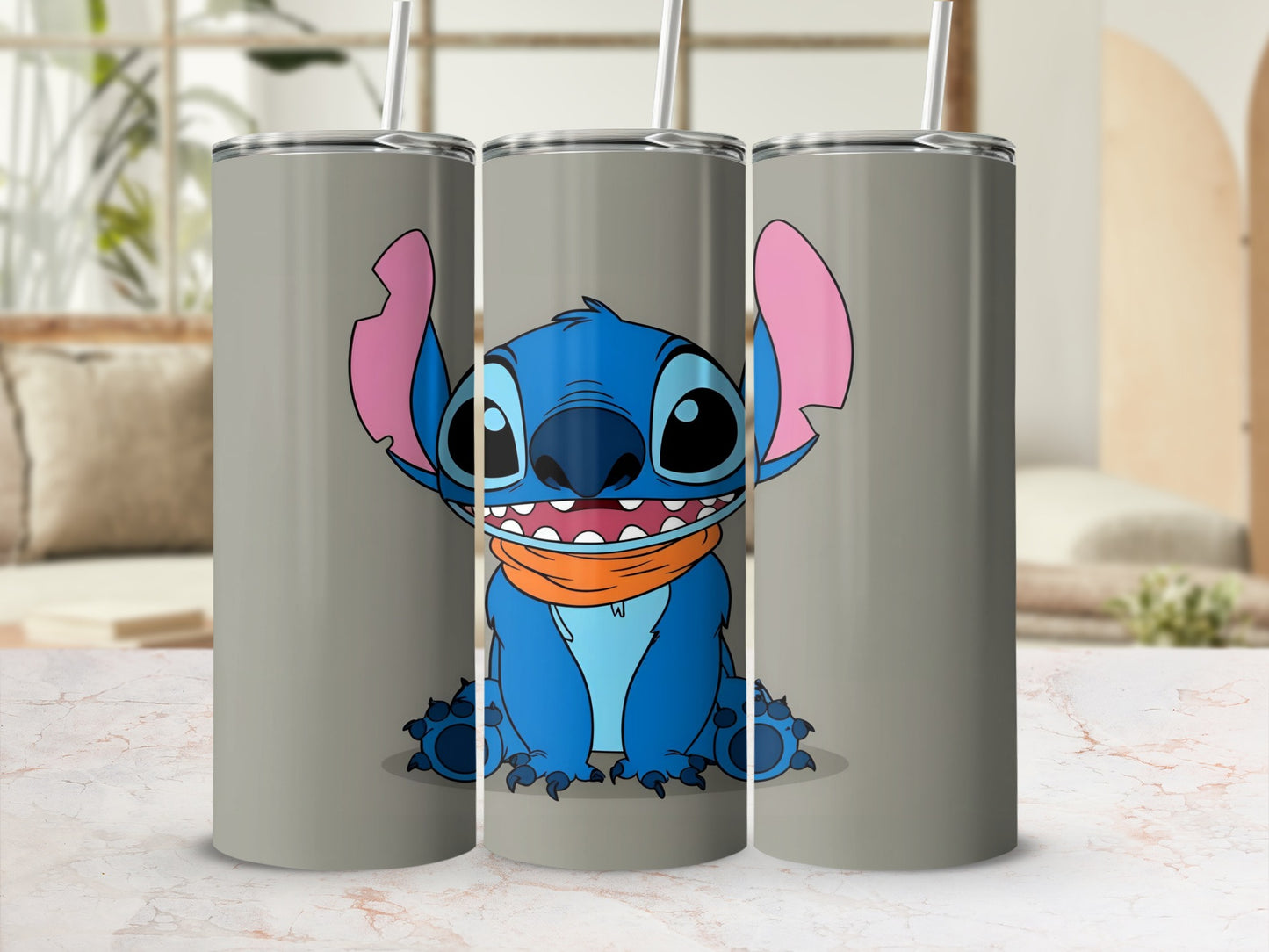 Blue Stitch character with orange scarf on a gray tumbler.