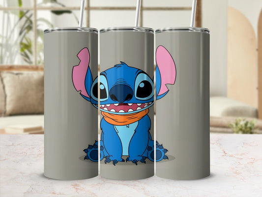 Blue Stitch character with orange scarf on a gray tumbler.