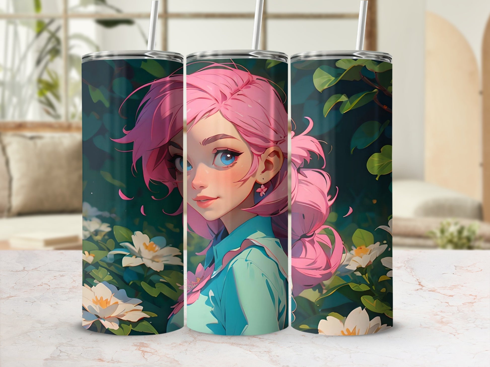 Vibrant Pink Haired Girl with Flowers Tumbler