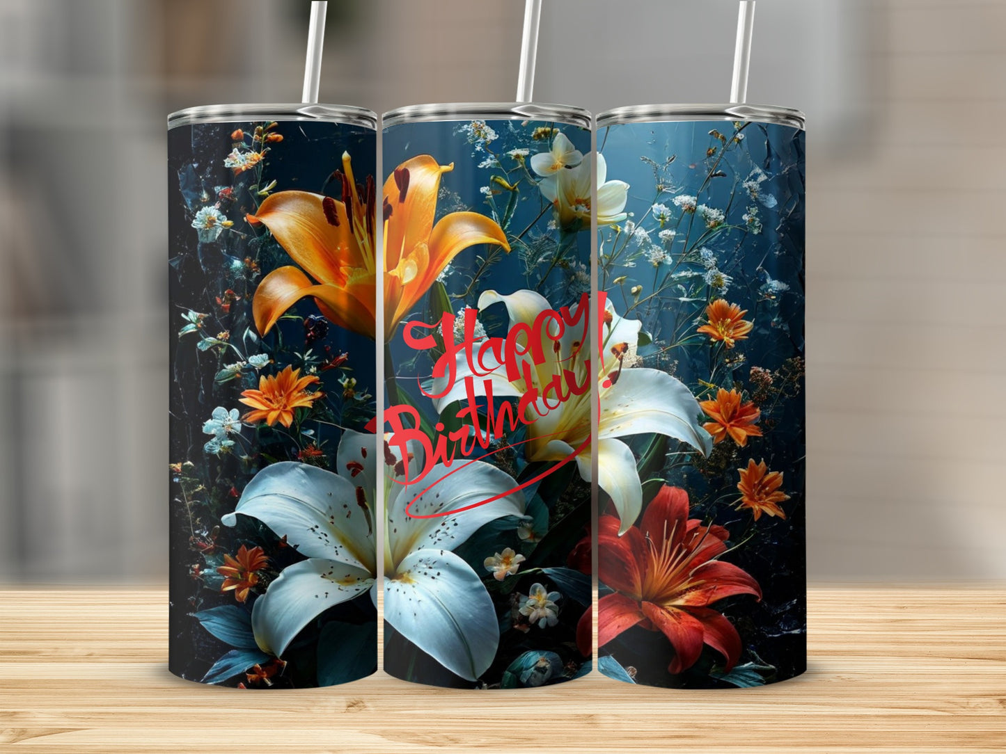 Three tumblers with floral designs and "Happy Birthday" text.