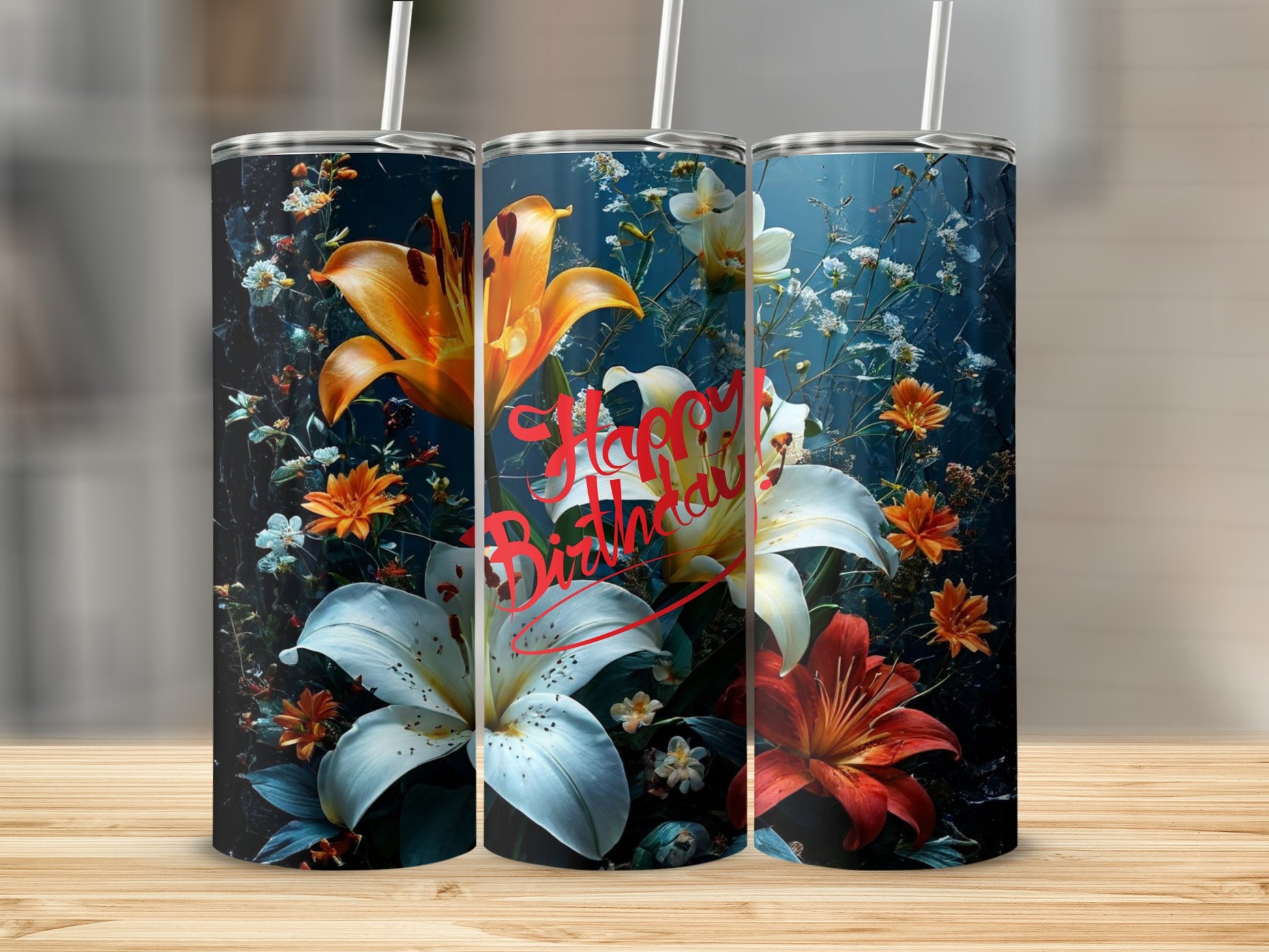 Three tumblers with floral designs and "Happy Birthday" text.