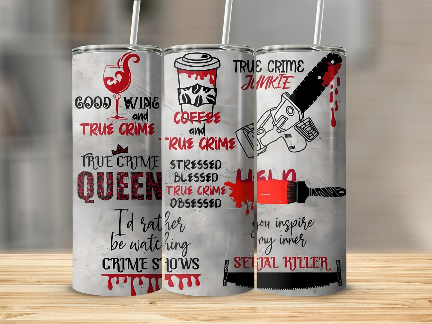 True Crime Themed Tumblers for Coffee and Wine Lovers