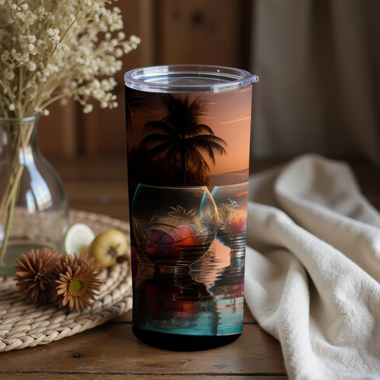 Tropical Sunset Drinkware with Scenic Beach Theme