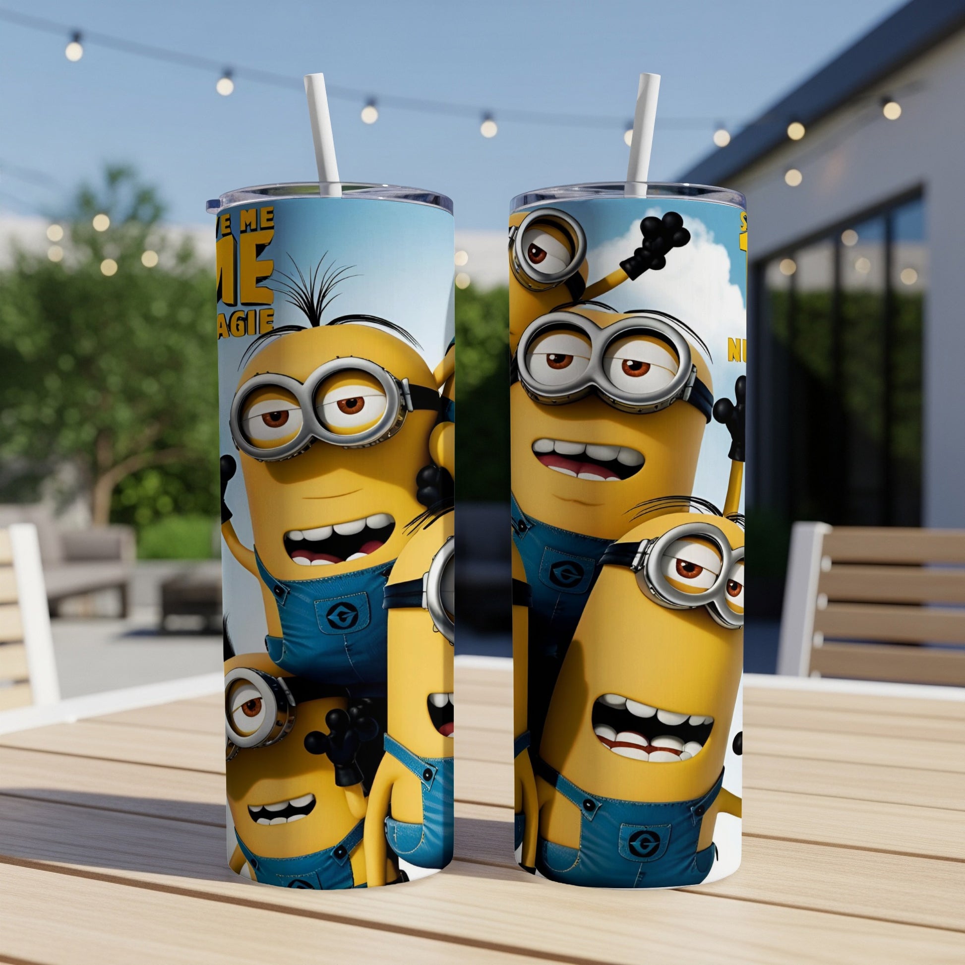 Two Minions tumblers with straws on a table, featuring "EMERGENCY AGENT" text.