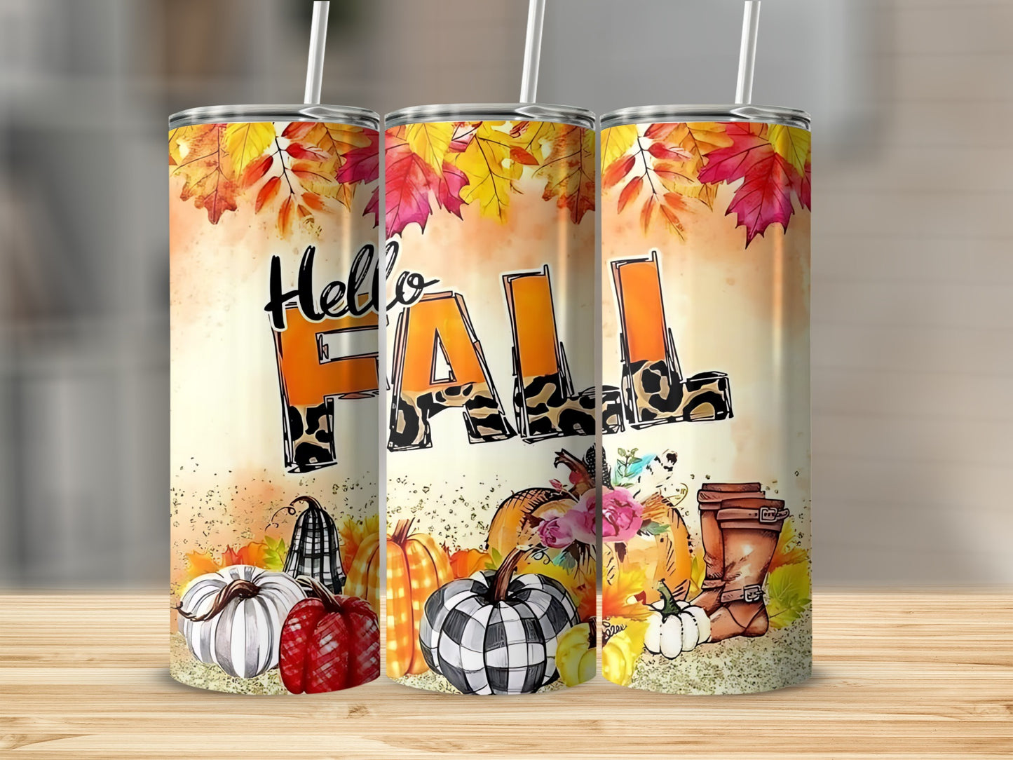 Hello Fall Autumn Leaves Pumpkin Design Tumbler Cup