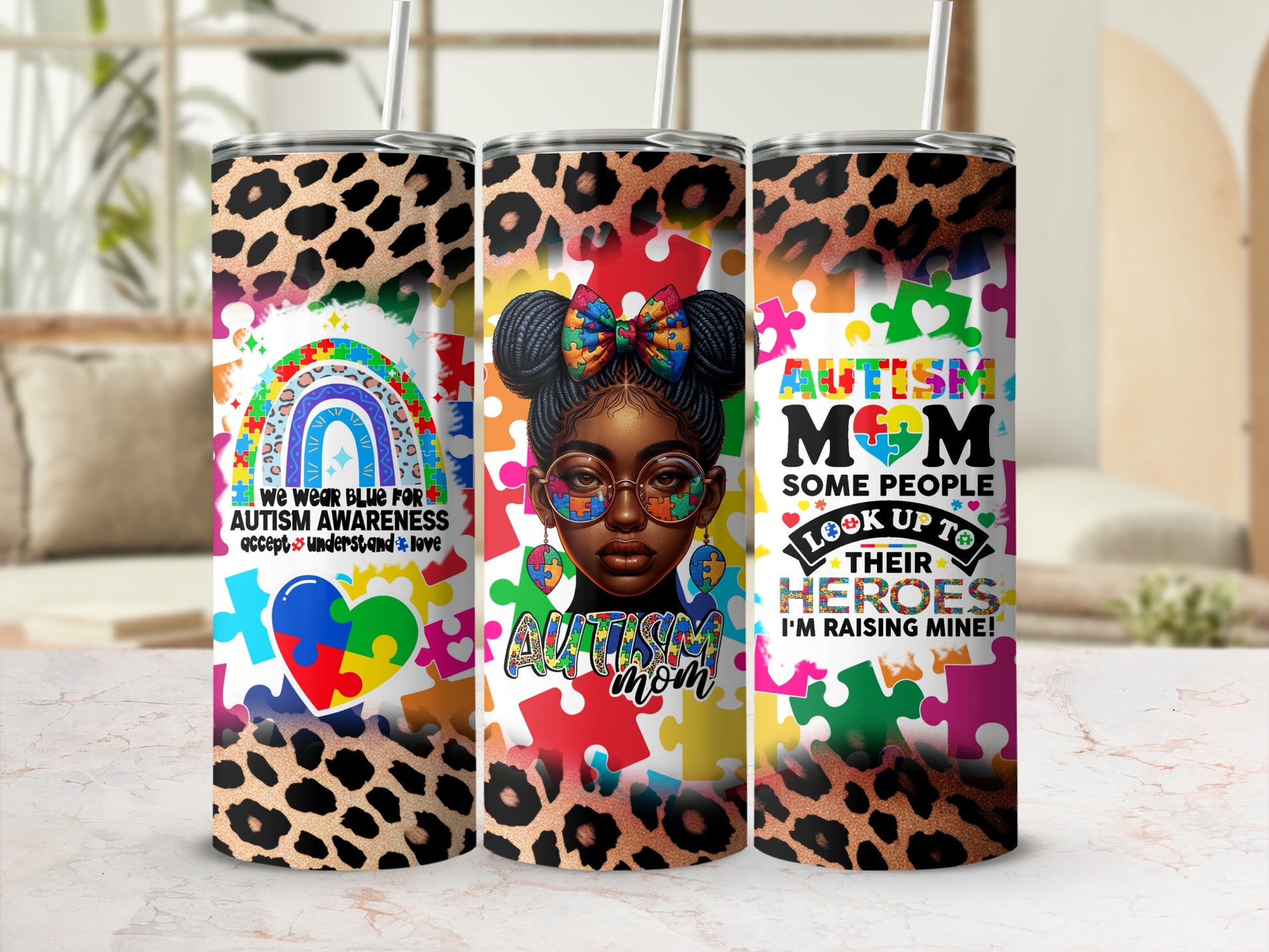 Triptych of tumblers with autism awareness and mom themes, featuring leopard print accents.
