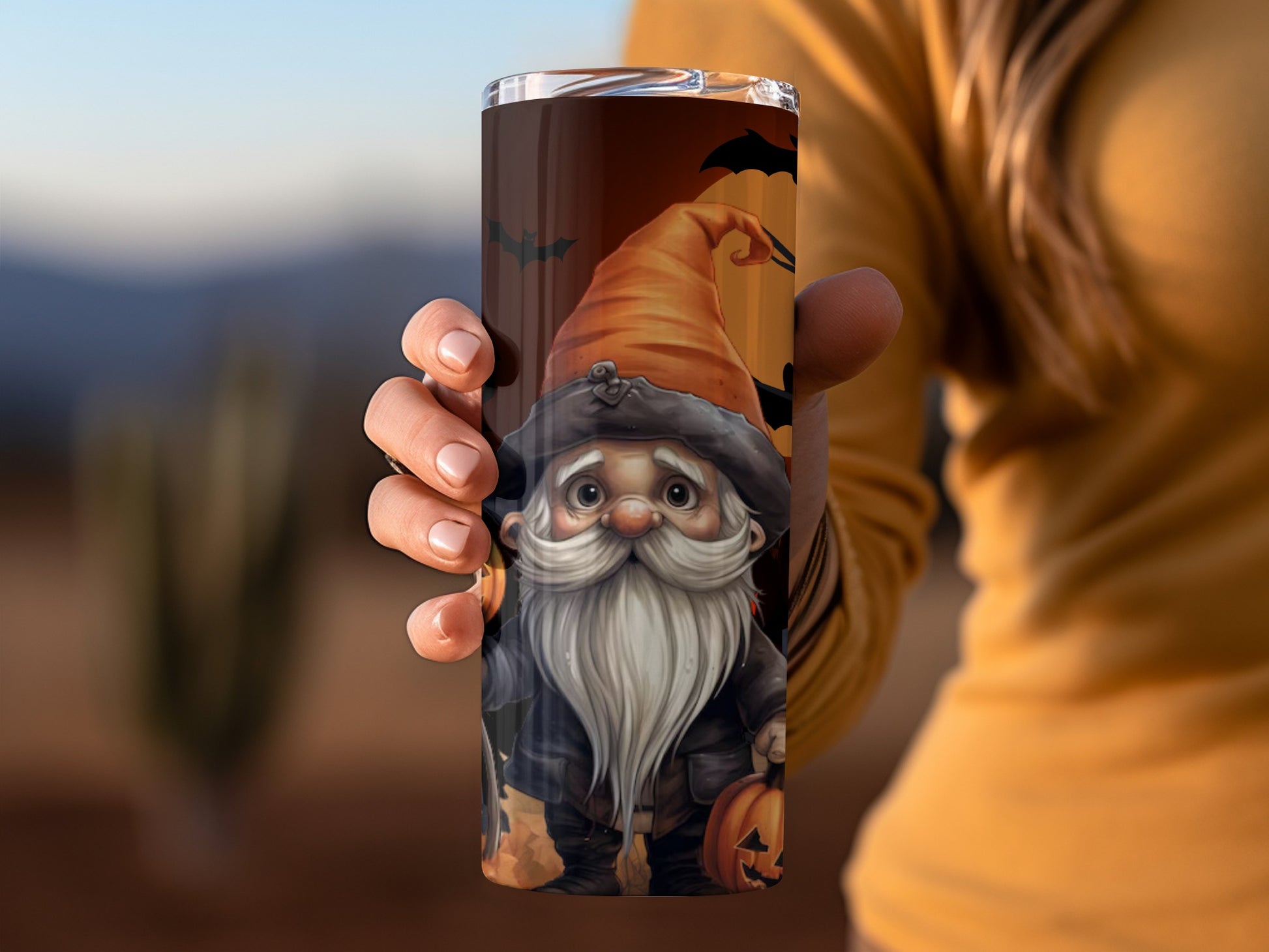 Cute Halloween Gnome Tumbler with Bat and Pumpkin Design