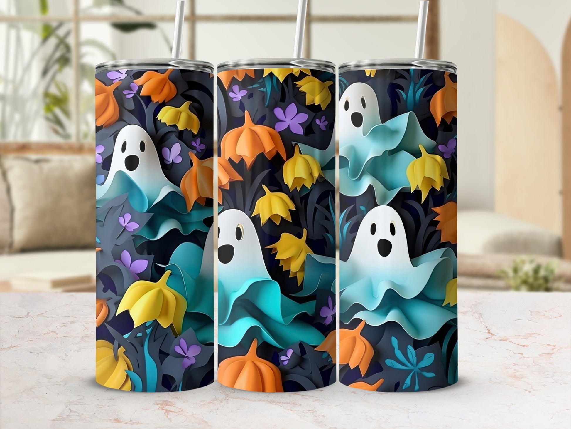 Three tumblers with Halloween ghosts, pumpkins, and foliage design.