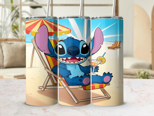 Stitch on a beach chair with a drink and umbrella.