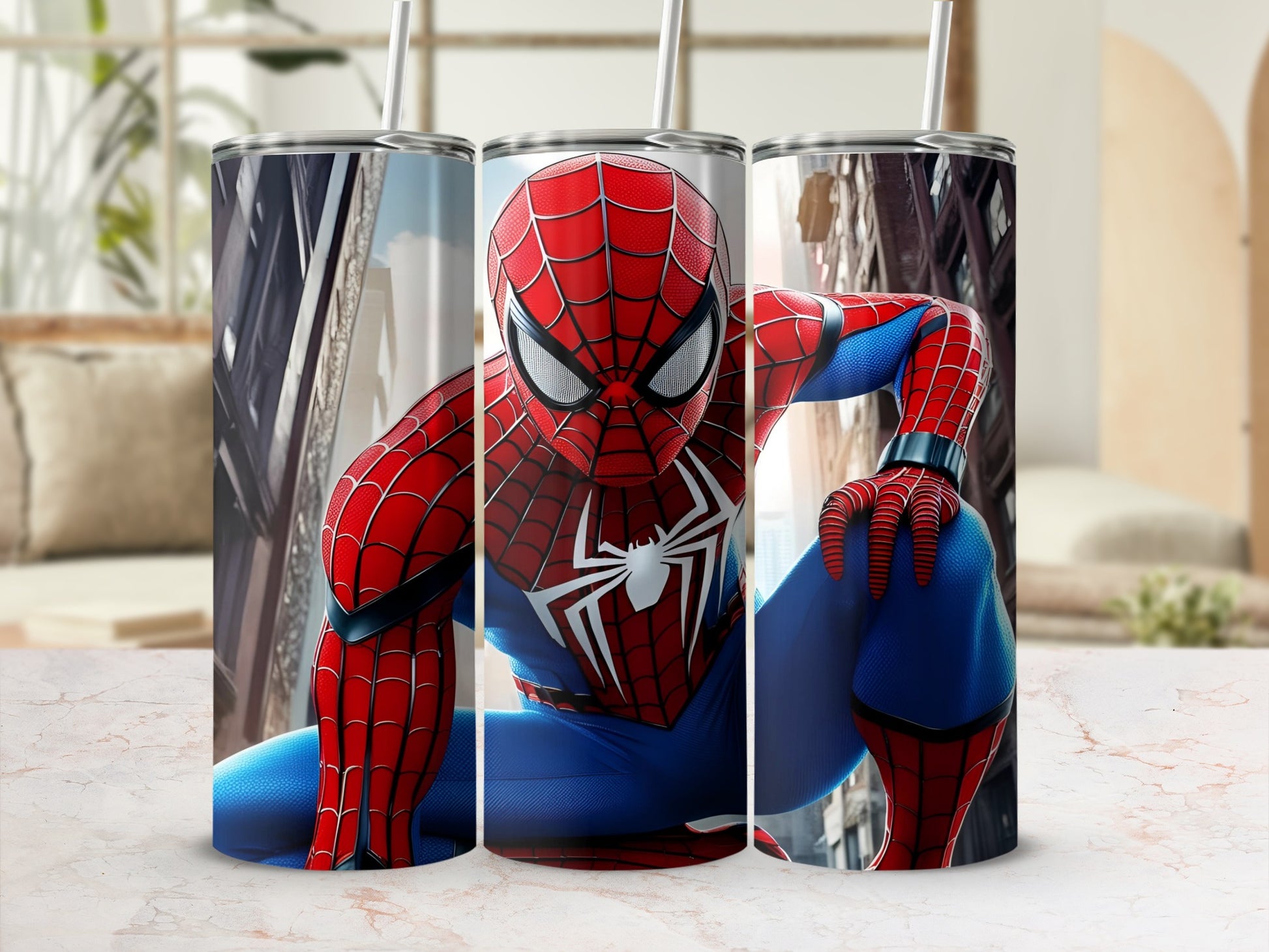Spider-Man in a dynamic pose on a tumbler with a city background.