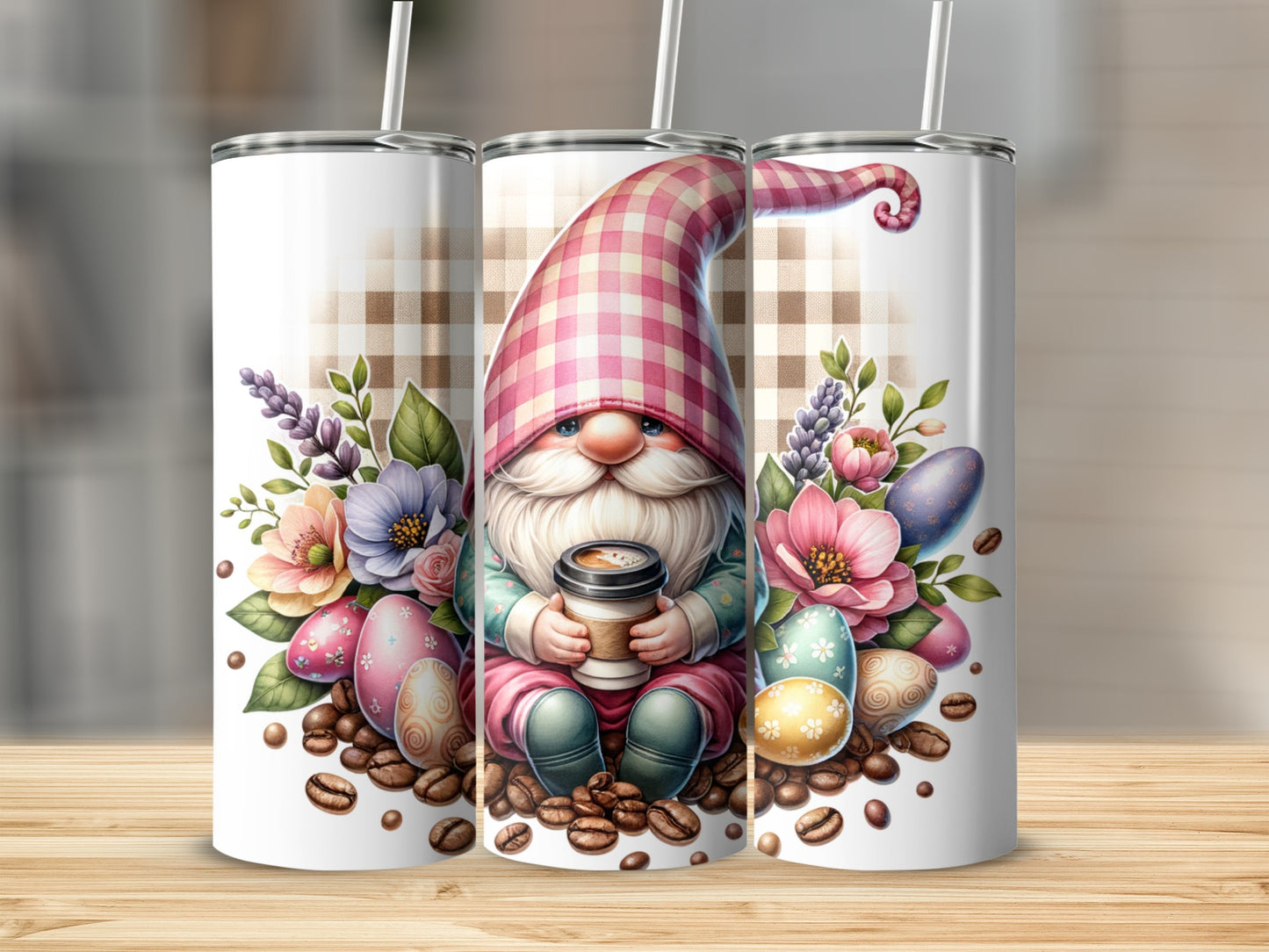 Gnome holding coffee cup surrounded by Easter eggs and flowers, plaid background.