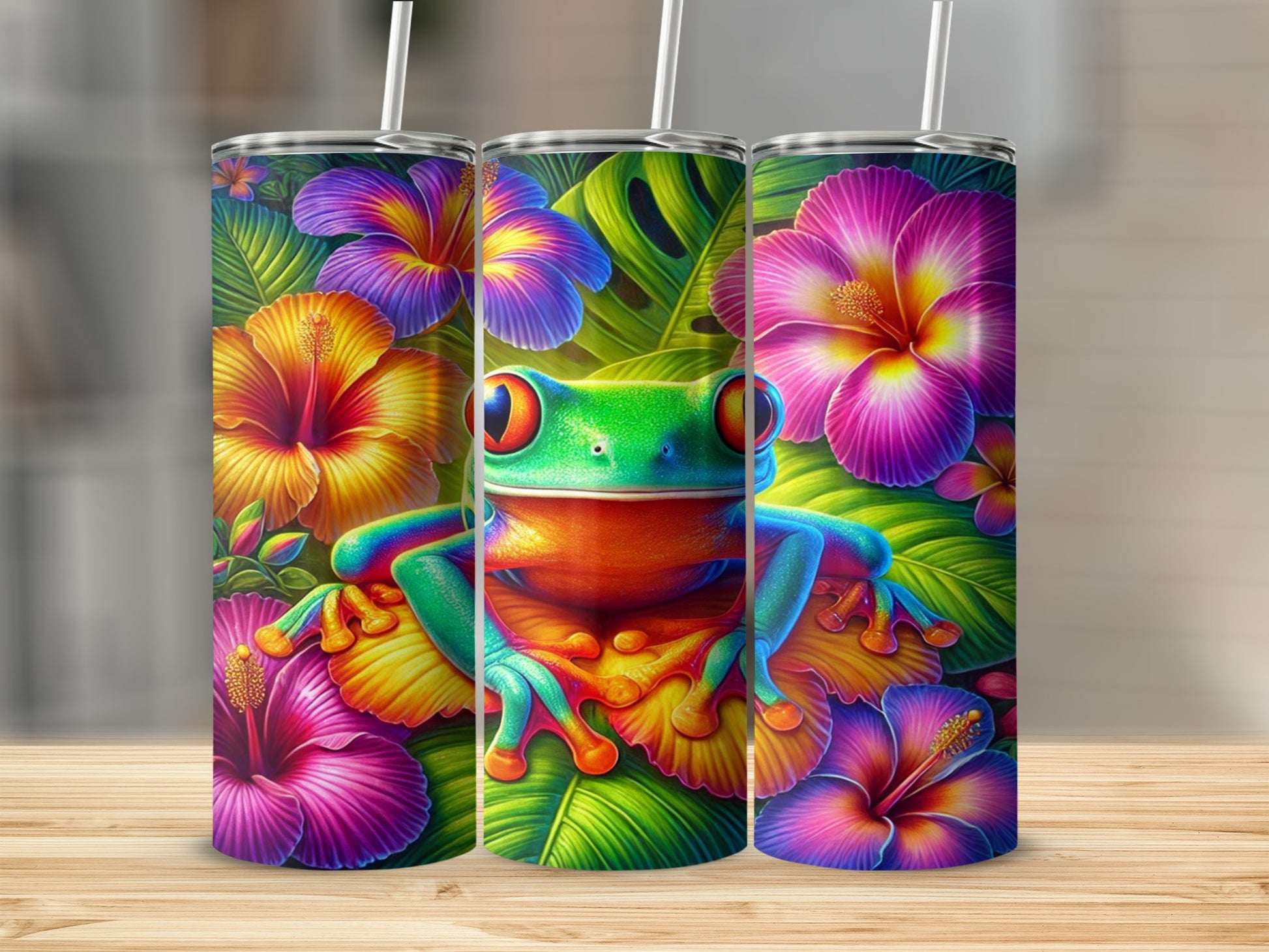 Vibrant Frog and Tropical Flowers Tumbler Design