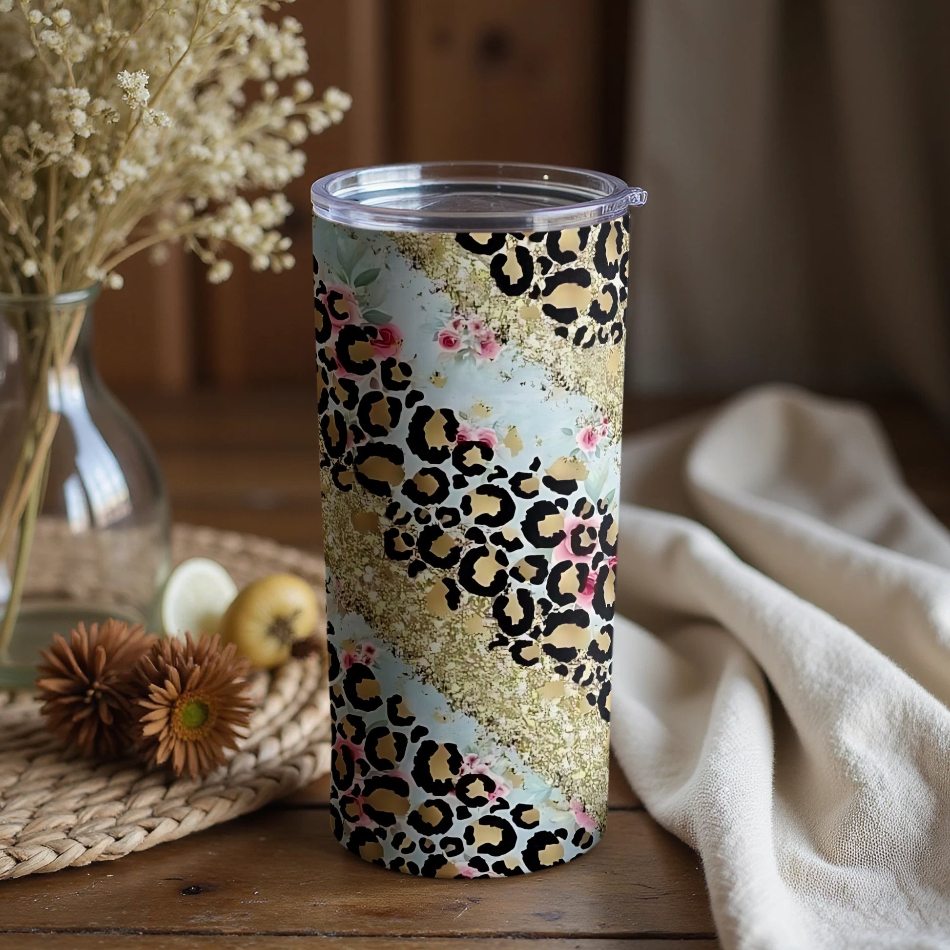 Stylish Leopard and Floral Pattern Tumbler for Beverages