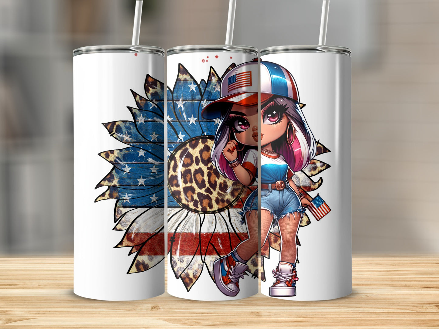Sunflower with American flag accents and cartoon girl holding US flag.