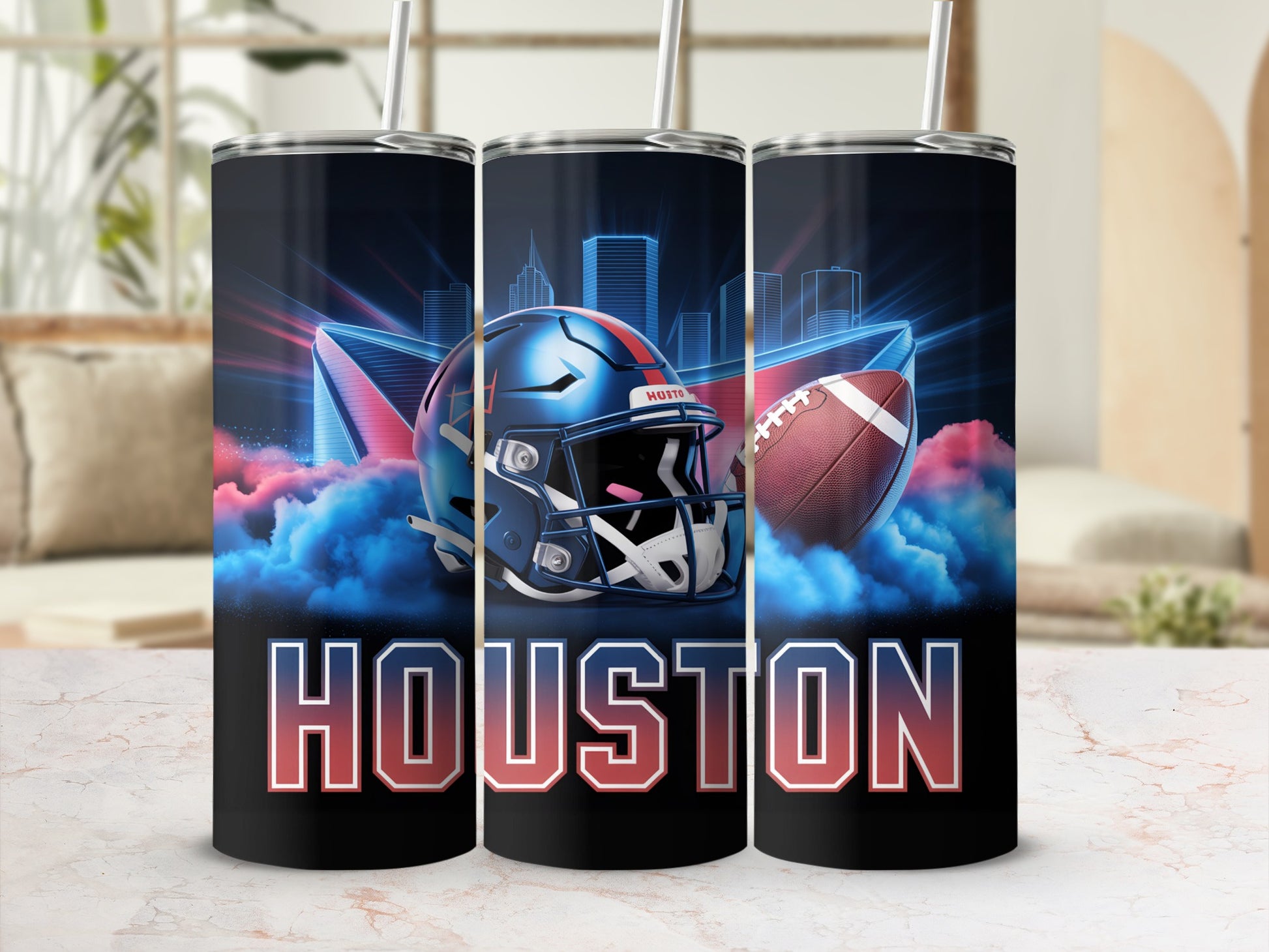 Houston football helmet, stadium, and football on a tumbler.